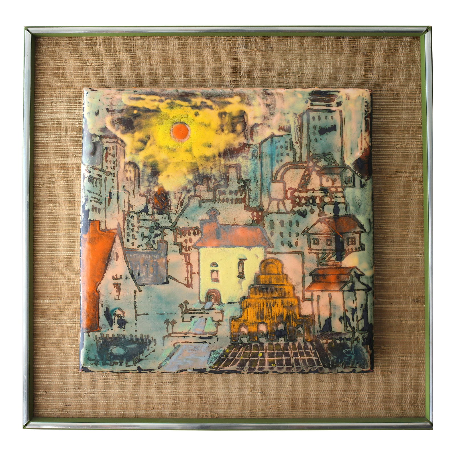 MCM Vintage Pat Peat O'Neil - Georgetown, Washington Dc- Enamel on Metal - Torpedo Factory: Pat Peat O'Neil started enameling in Girl Scouts when she was sixteen. They used a torch to fire pieces in a large tin-can muffle, setting on a stand that straddled burning logs. Later she graduated