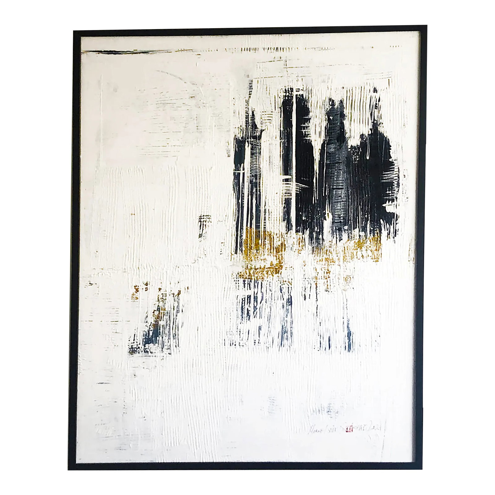 "Marvel VIII" Contemporary Modernist Abstract Acrylic Painting, Framed: Marvel.VIII Stunning shades of gray are contrasted and complemented by gold leaf with a twist in this one-of-a-kind abstract painting. This high-quality painting protected with layers of varnish on