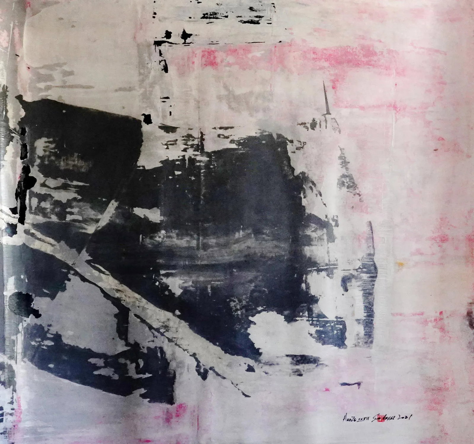 "Amaze XXXII" Contemporary Abstract Mixed-Media Painting: Stunning shades of gray are contrasted and complemented by vibrant pink and yellow with a twist in this one-of-a-kind 44X44" abstract painting. painting is signed dated and stamped on the front.