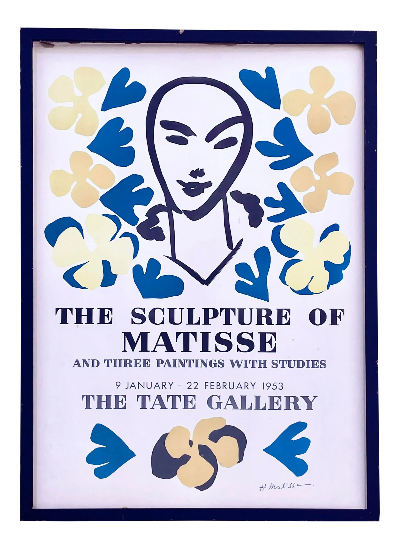 1950s Matisse Tate Gallery Exhibition Poster, Framed: The Sculpture of Matisse and three paintings with studies The Tate Gallery original exhibition poster. Date: 1953 Size: 28 x 20 inches Frame size: 21" x 29" x 0.75" Frame color: royal blue Artist: Mat