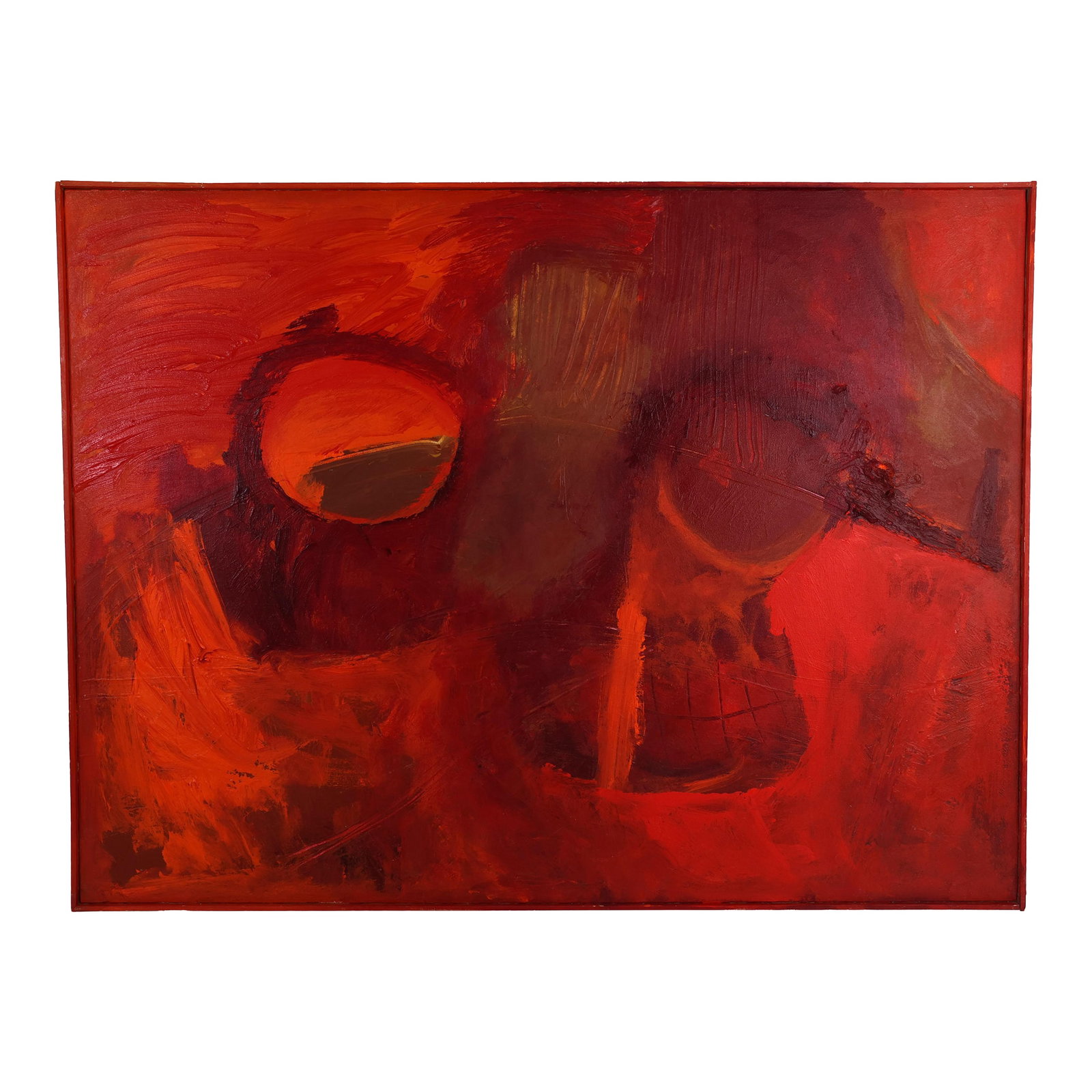 Original Mid Century Modern "Mars Rising" Painting by Artist Virginia Cohn Parkum: "Mars Rising" was painted by the Rev. Dr. Virginia Cohn Parkum, exact date unknown. Acrylic on Canvas. Original painting. MEASURES: 40.25" x 30.5" x .1" Framed in a painted wooden frame. Canvas is in 