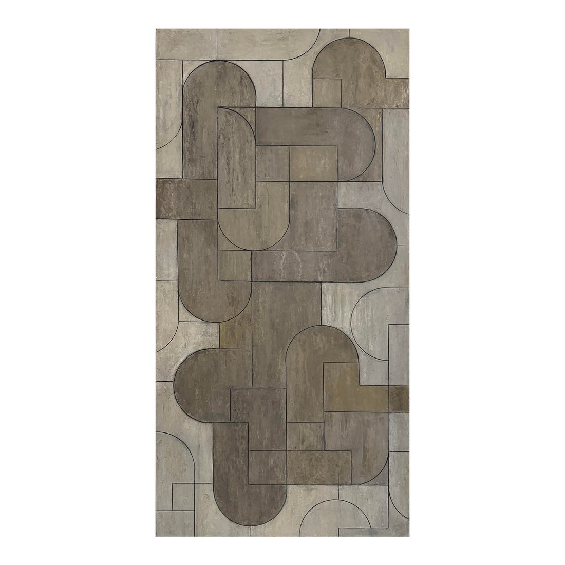 Contemporary Geometric Abstract Oil Painting Neutral Colors by Stephen Cimini: THE JOURNEY Oil paint and cold wax on Encaustiflex, a microfiber material made from recycled plastic soda bottles mounted on a cradled panel. The edges are gold leaf and gold paint giving a textured