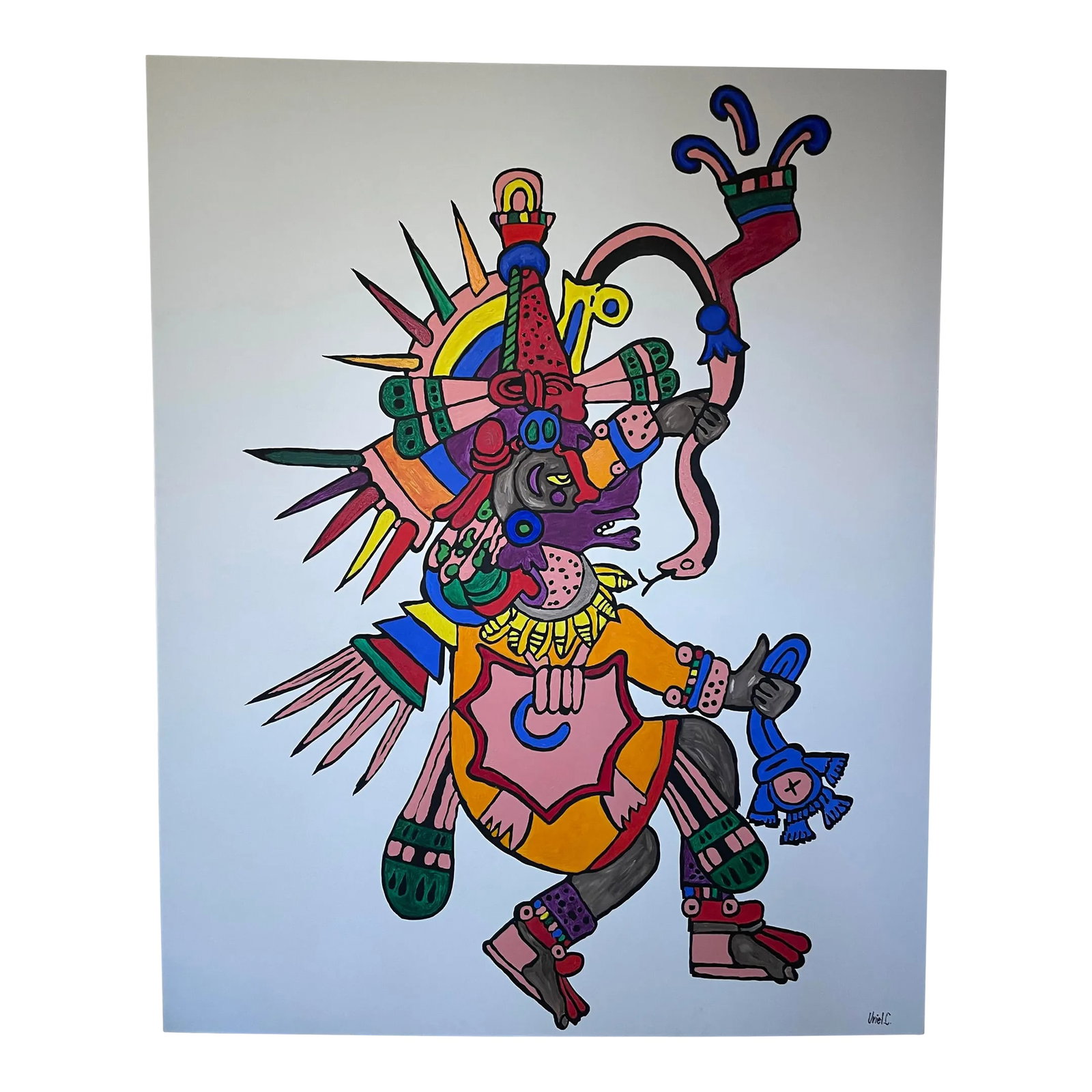 "Quetzalcoatl #1" Contemporary Mexican Figurative Oil Painting: Beautiful Mexican/Aztec oversized oil on canvas painting titled "Quetzalcoatl" #1 out of 2. Made by Mexican artis Uriel Carbajal Dated and signed. Dimensions 48" x 60" Condition: Alterations: