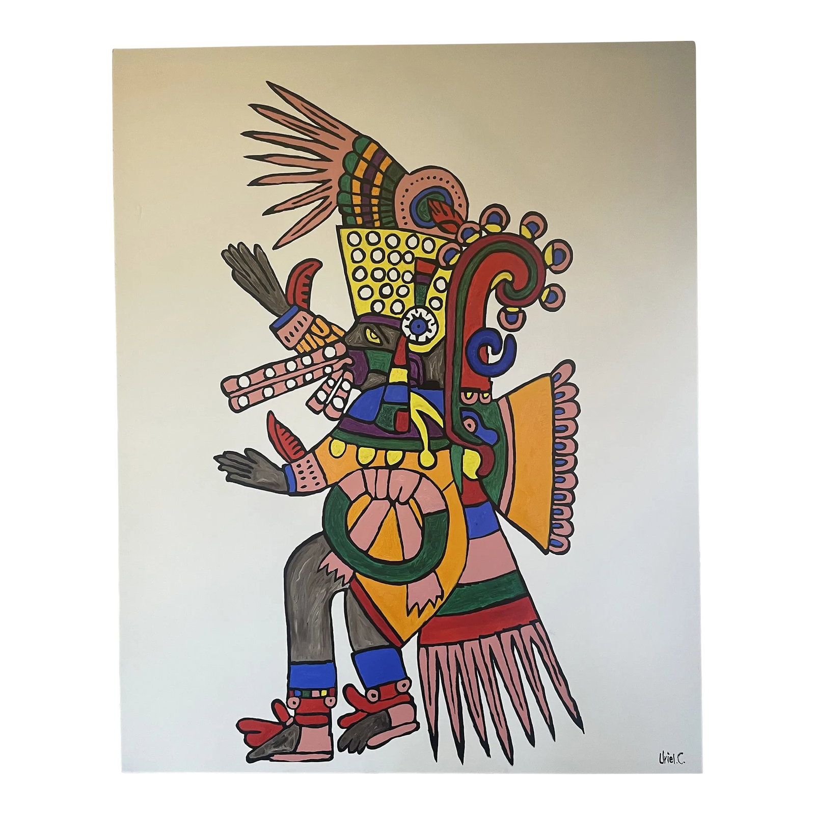 "Quetzalcoatl #2" Contemporary Mexican Figurative Oil Painting: Beautiful Mexican/Aztec oversized oil on canvas painting titled "Quetzalcoatl" #2 out of 2. Made by Mexican artis Uriel Carbajal Dated and signed. Dimensions 48" x 60" Condition: Alterations: Original