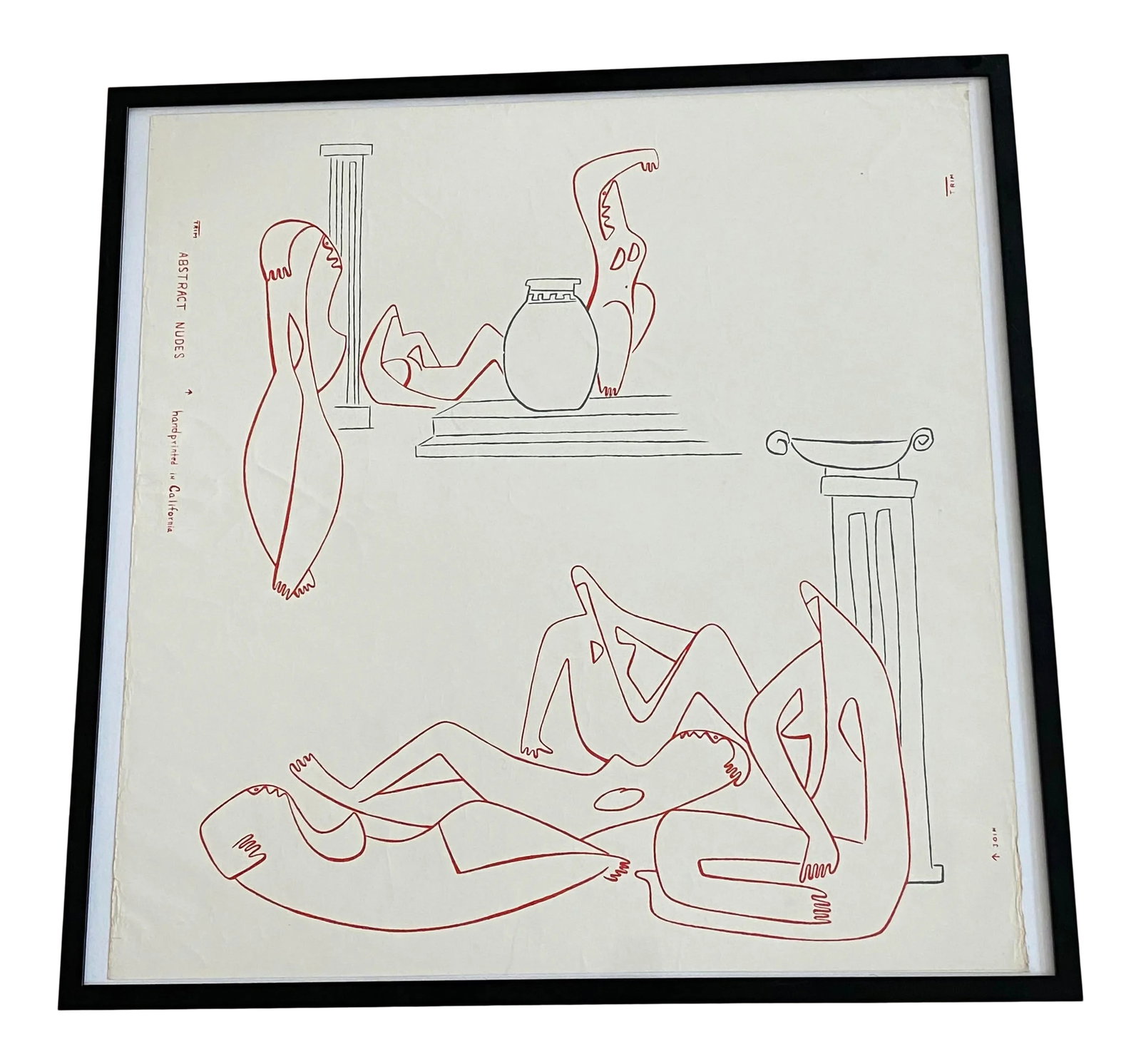 1950s Modernist Abstract Figurative Print, Framed: 1950's Modernist framed abstract print by California artist. This is the original hand print. Originally made for wallpaper. Condition: Alterations: Original Condition Unaltered Imperfections: Some