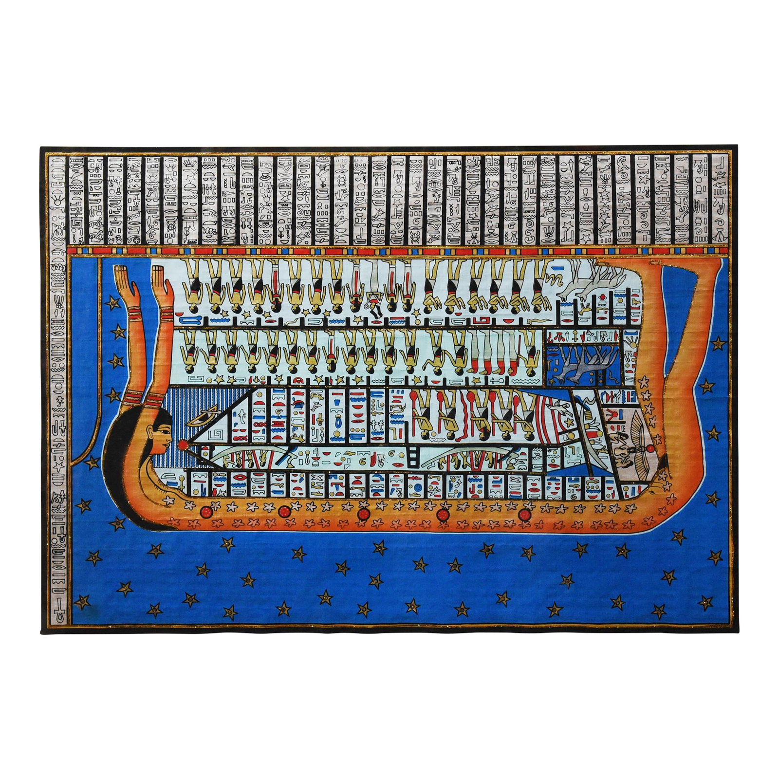 1970s Rebirth on the Nile: A Pharaonic Scene: Experience the majesty of ancient Egypt with this exquisite papyrus artwork by artist Badr Roshdi. Measuring 34" x 44", this piece captures a scene of the sun god Re's journey across the heavens in