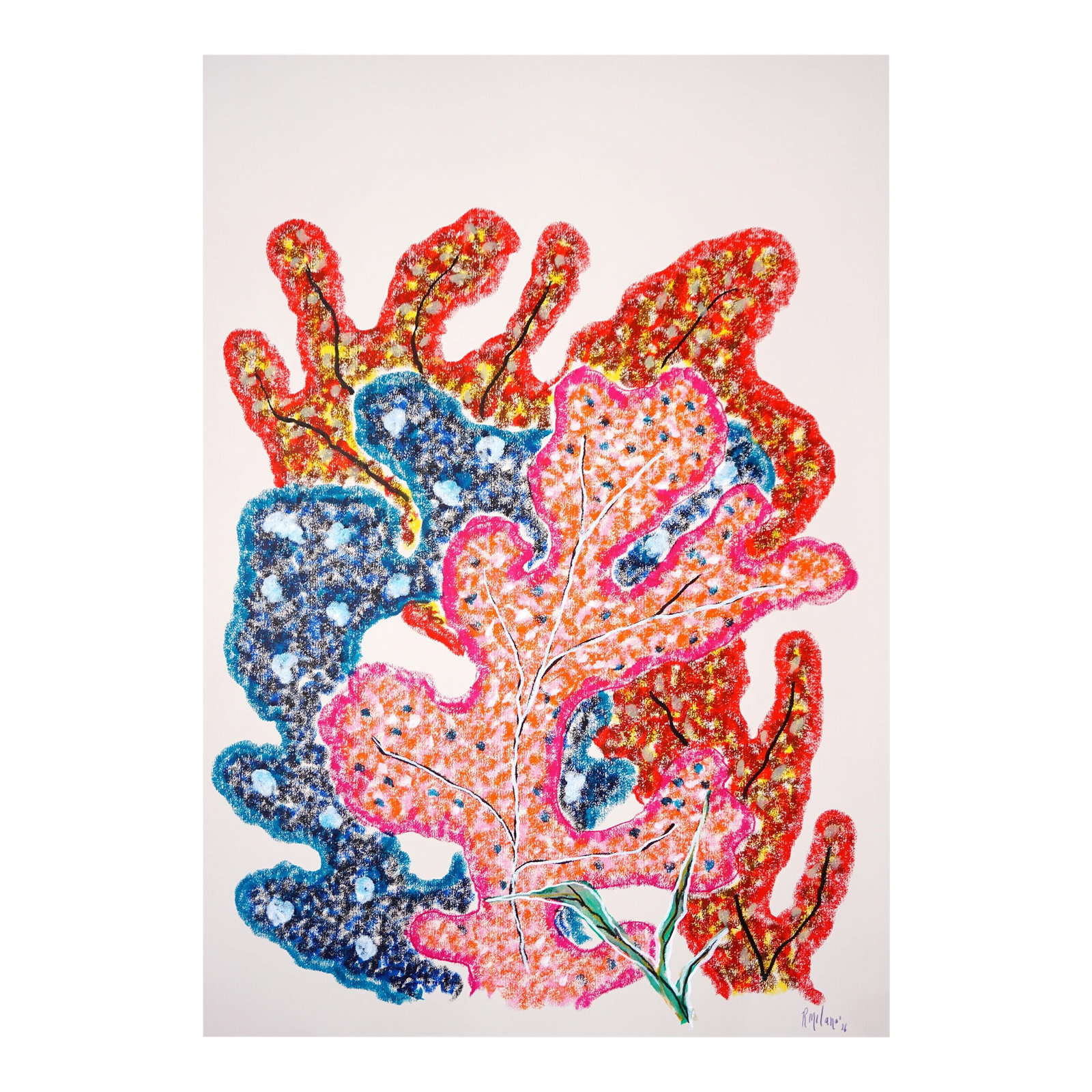 2025, Illustration Style Marine, Organic Corals, Fractal Sea Sponges, Gouache Crayon on Watercolor P: This beautiful painting explores organic growth through bold, biomorphic forms that evoke coral, foliage, and underwater ecosystems. Saturated reds, blues, and pinks interweave with delicate linear ac