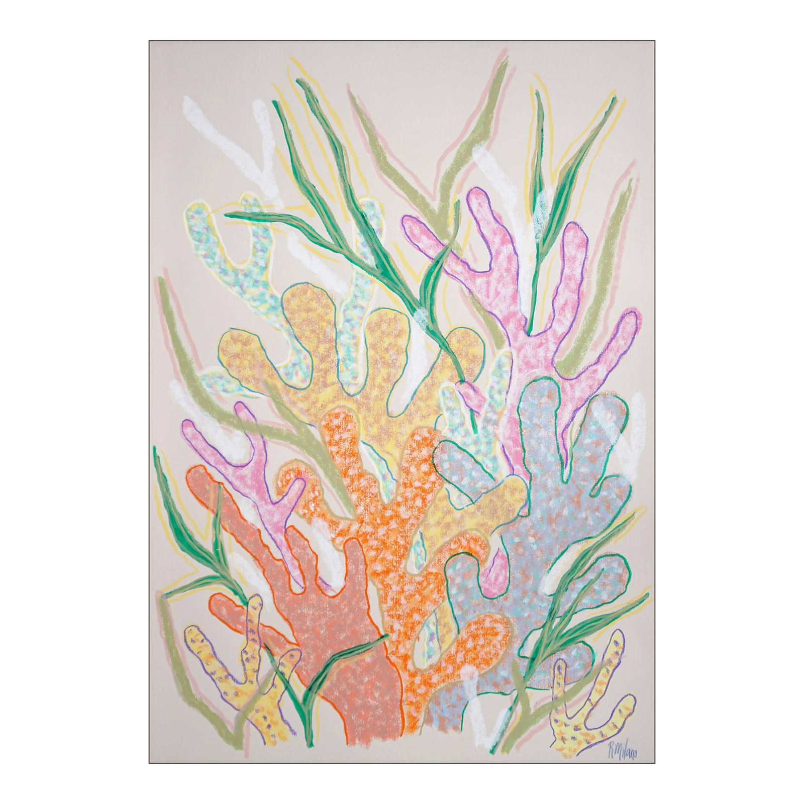 2025, Funky Coral Textures, Pastel Tones Illustration Style Seascape, Gouache Crayon on Watercolor P: This vibrant yet softly nuanced composition draws inspiration from coral ecosystems, translating underwater biodiversity into expressive, organic forms rendered in delicate pastel tones. Layered textu