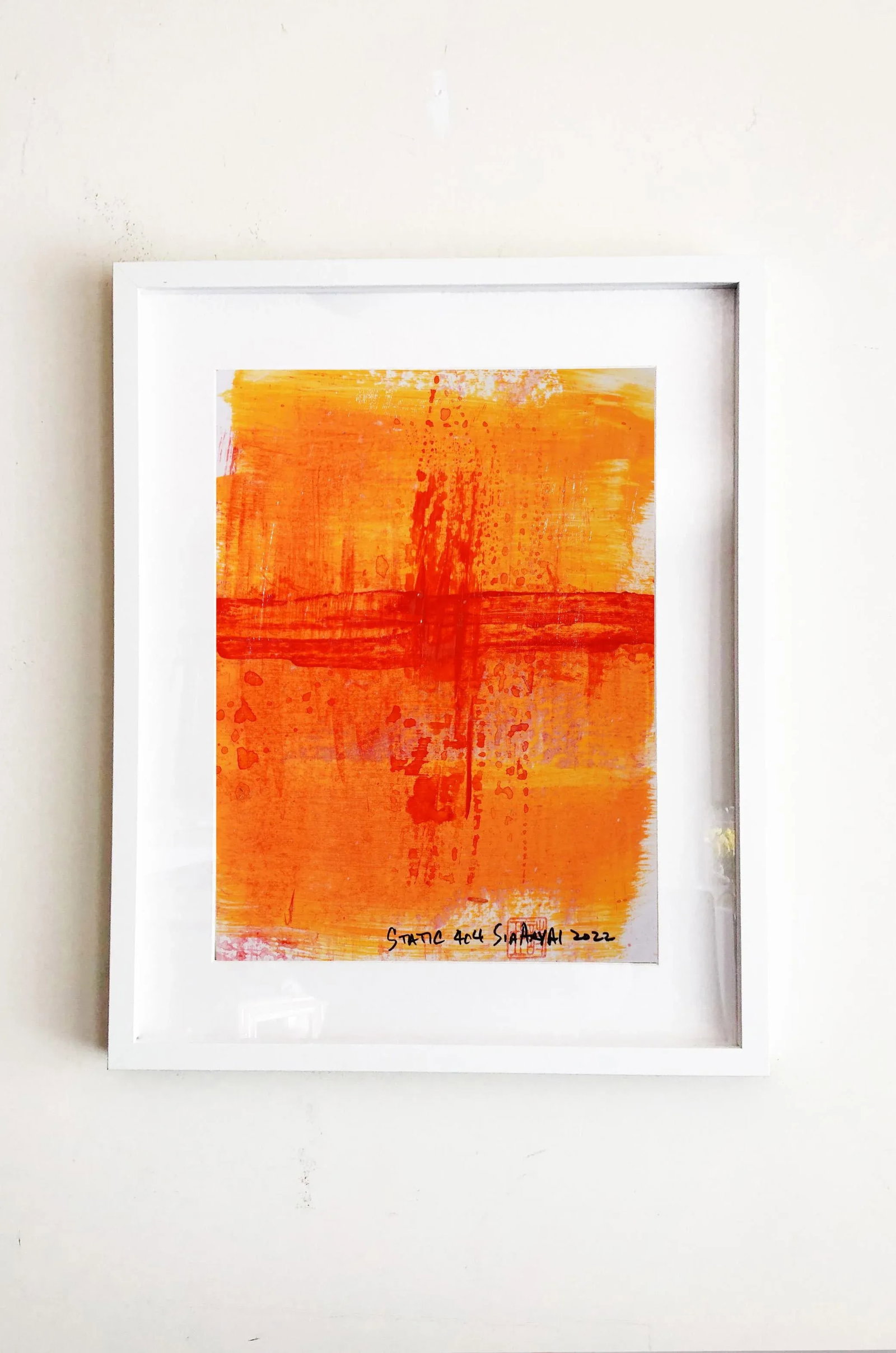 "Static 404" Contemporary Abstract Orange Mixed-Media Painting, Framed - 4