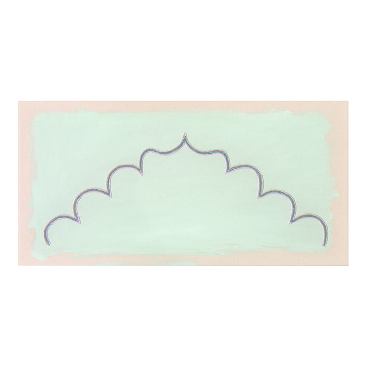 Original Painting | Turquoise Abstract Painting With Whimsical Arch Shape, 14 X 28 In.: "Margarita With Lavender Scallop" Original embroidered painting by Emily Keating Snyder, 14" H x 28" W x 1.5" D Acrylic paint with embroidery on raw stretched canvas. Signed on edge. Note: Colors may