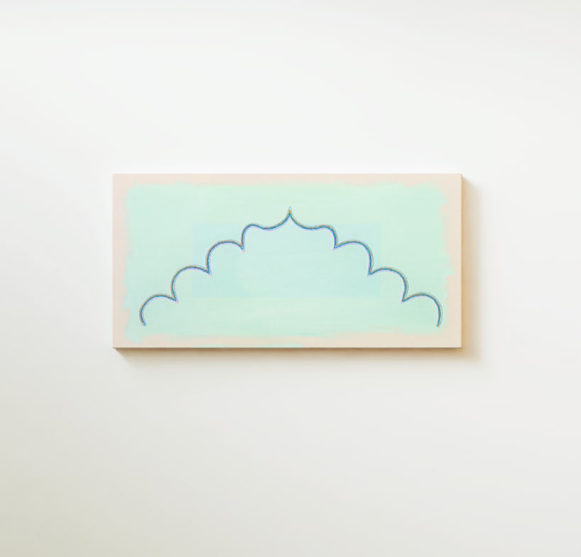 Original Painting | Turquoise Abstract Painting With Whimsical Arch Shape, 14 X 28 In. - 3