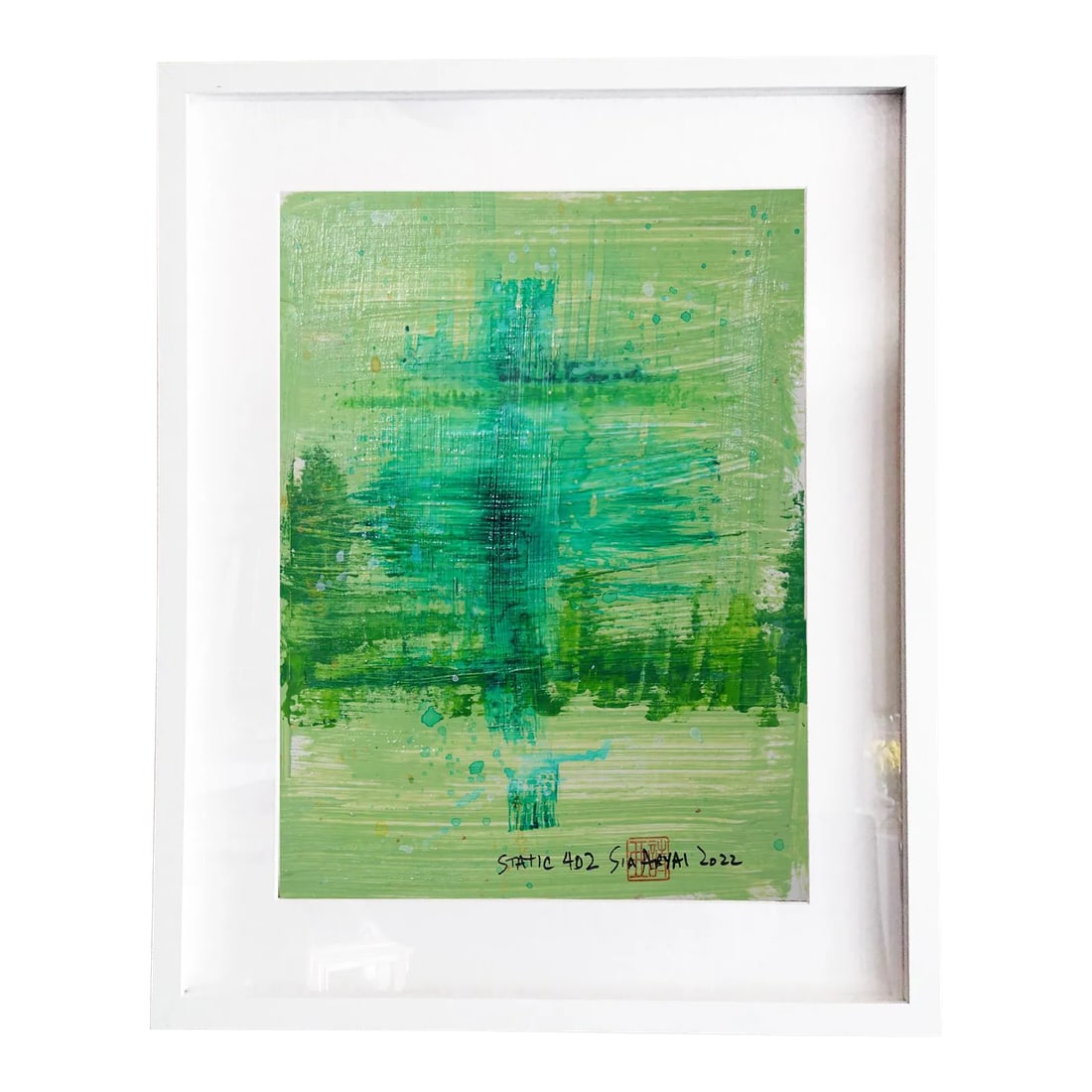 "Static 402" Contemporary Abstract Green Mixed-Media Painting, Framed: Whether you love art or just looking to decorate your home, this vibrant piece will create a new ambiance and impact your daily life. Painting is 8.6X11" hand-cut acrylic with a twist on heavyweight