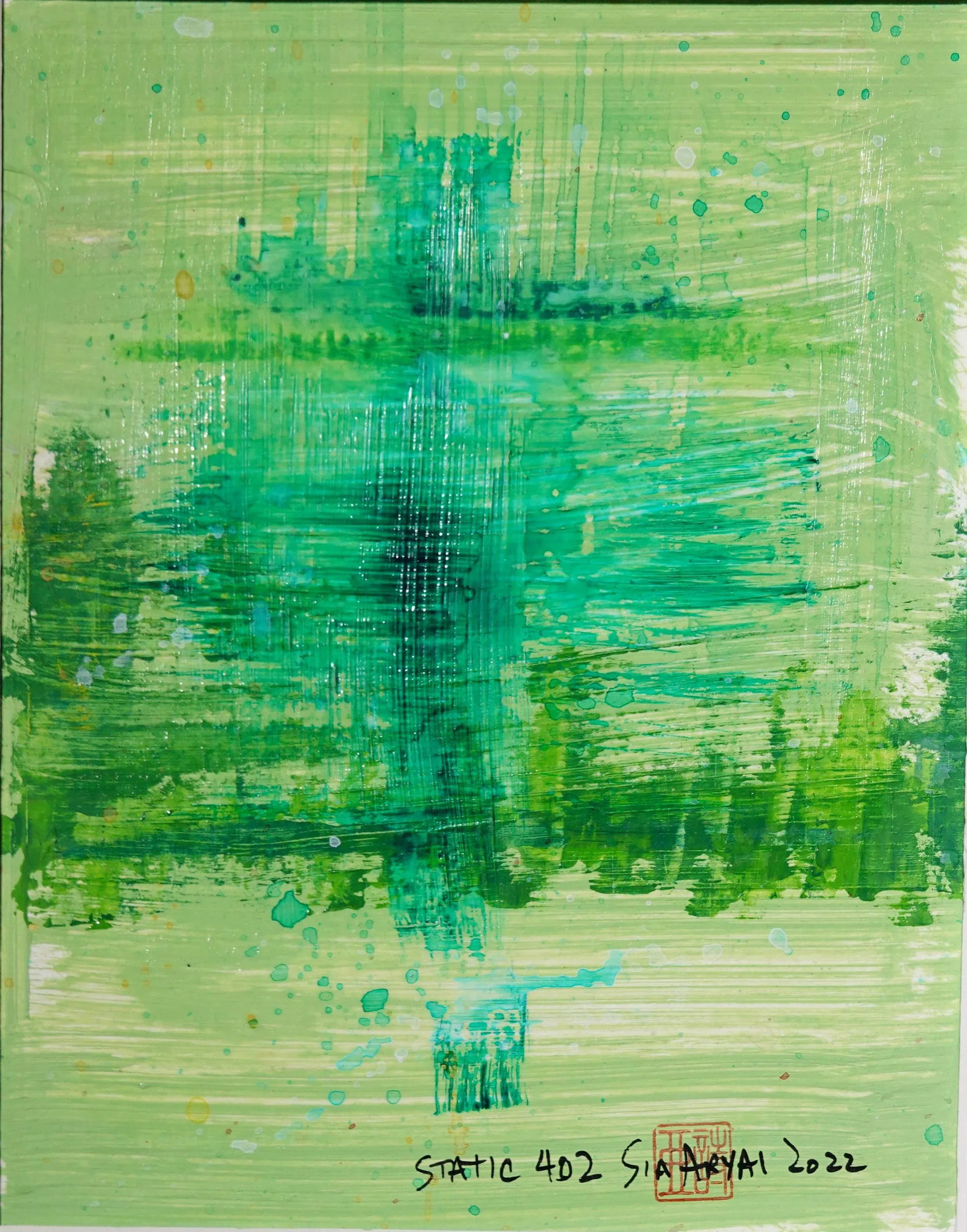 "Static 402" Contemporary Abstract Green Mixed-Media Painting, Framed - 4