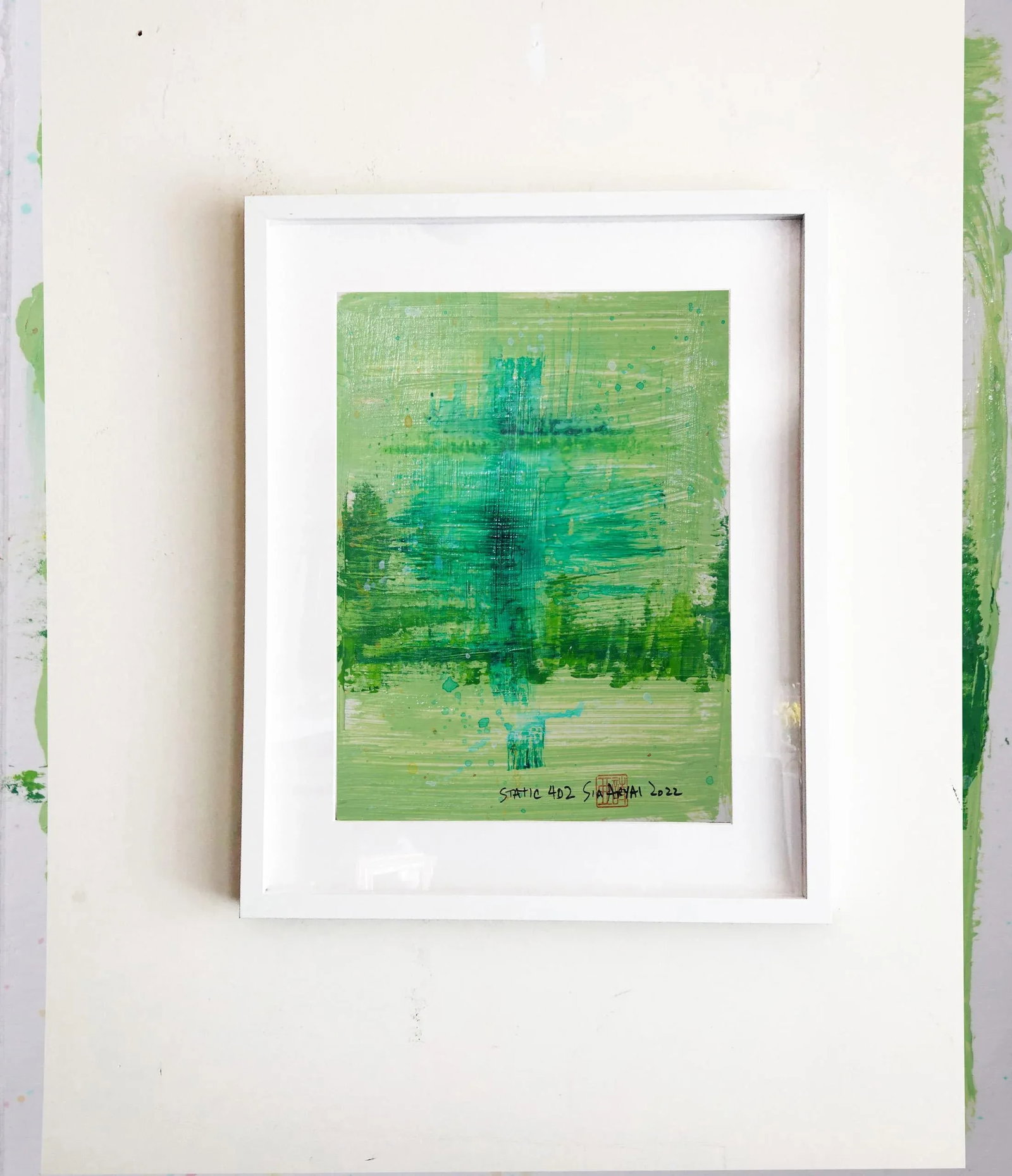 "Static 402" Contemporary Abstract Green Mixed-Media Painting, Framed - 5