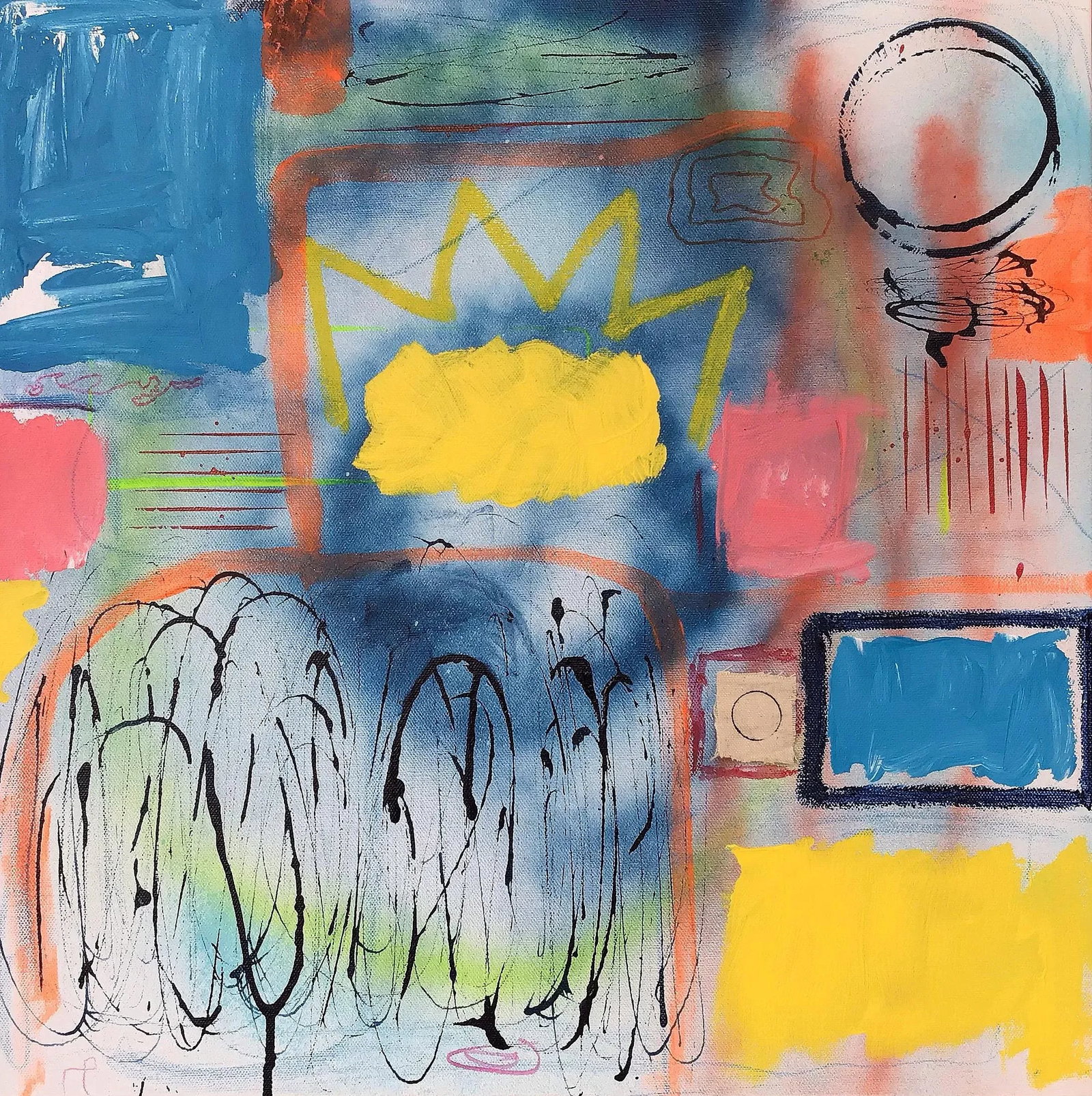 "City Center" Contemporary Abstract Mixed-Media Painting by Stephen Stilgenbauer: Mixed Media. Acrylic, Canvas and Spray, Paint Sticks Liquids, etc, on 20" by 20" Stretched Canvas. Artist signed on the back side with S. Stilgenbauer (CA Artist Stephen Stilgenbauer). Condition:
