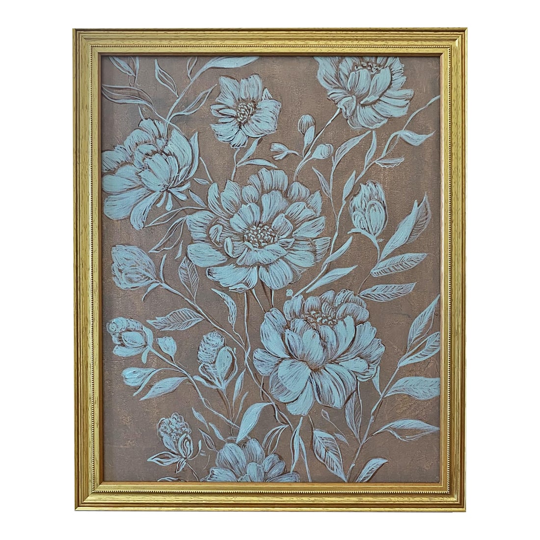 Abstract Botanical Acrylic Painting on Canvas, Framed Original Modern Organic Art by Tatiana Duperau: Original acrylic painting (not a print) Artist: Tatiana Duperault Medium: Acrylic on canvas Size: 18.5" x 22.5" Signed by the artist Framed: Gold Foil on Pine - Picture Frame Each brushstroke is inten