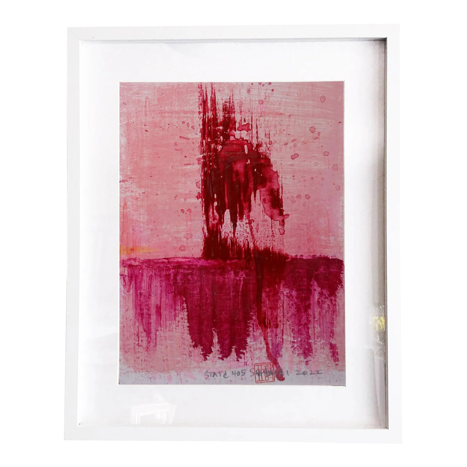 "Static 405" Contemporary Abstract Red Mixed-Media Painting, Framed: Whether you love art or just looking to decorate your home, this vibrant piece will create a new ambiance and impact your daily life. Painting is 8.7X11" hand-cut acrylic with a twist on heavyweight p