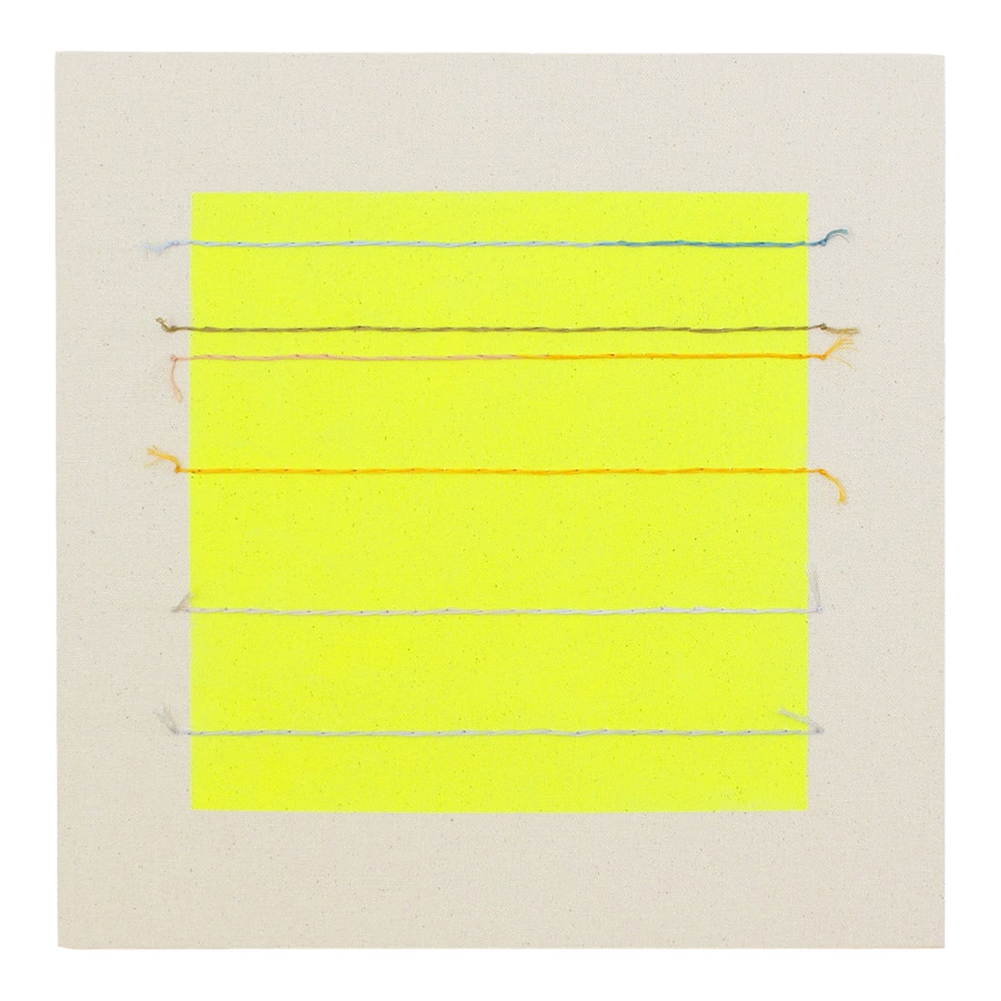Original Painting | Neon Yellow Minimalist Abstract Painting, 16 X 16 In.: "Neon With Aqua Line" Original embroidered painting by Emily Keating Snyder, 16" x 16" x 1.5" D Acrylic paint with embroidery on raw stretched canvas. Signed on reverse. Note: Colors may appear slight