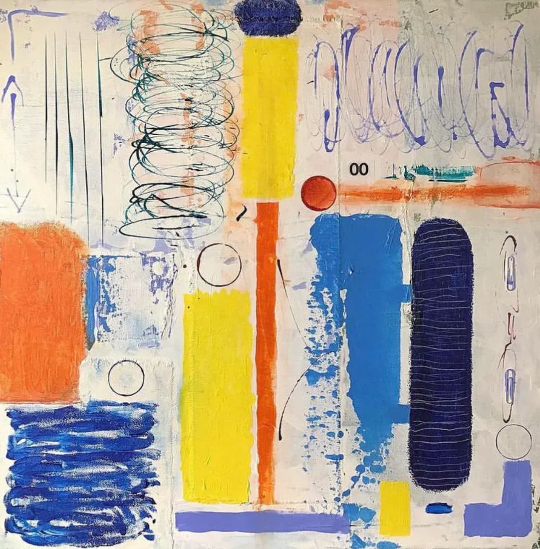 "Red Ball" Contemporary Abstract Mixed-Media Painting by Stephen Stilgenbauer: Mixed Media on 20" by 20". Stretched Canvas. Artist signed on the back side with S. Stilgenbauer (CA Artist Stephen Stilgenbauer). Condition: Imperfections: No Imperfections Condition Notes: Original 
