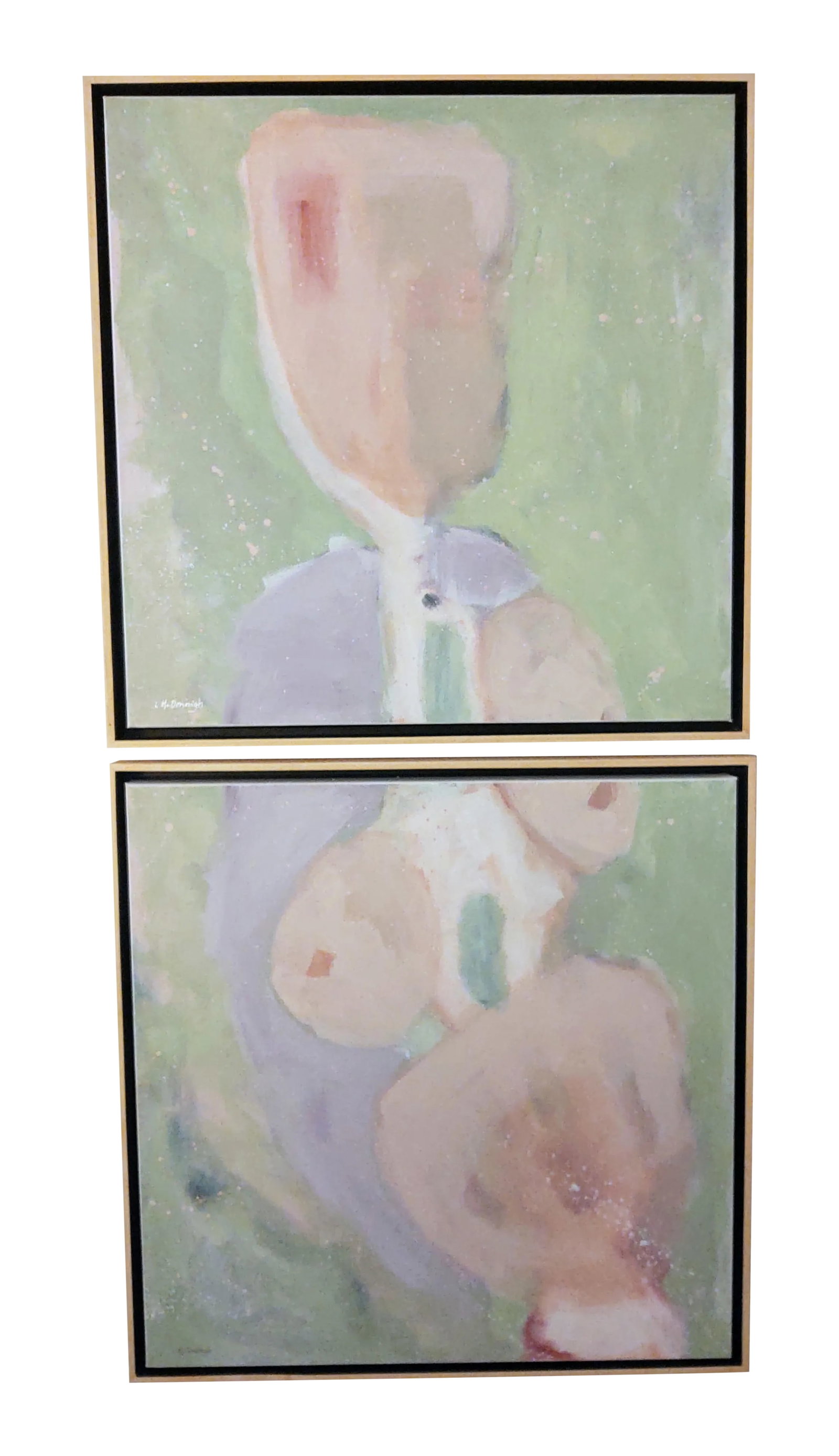 "Conception" Contemporary Abstract Figurative Acrylic Diptych Painting, Framed - Set of 2: "Conception" is an original acrylic abstract expressionist painting by Linda McDonough. Soft pinks, greens, lavender, and white with splashes of color enhance the theme. "Conception" embraces the