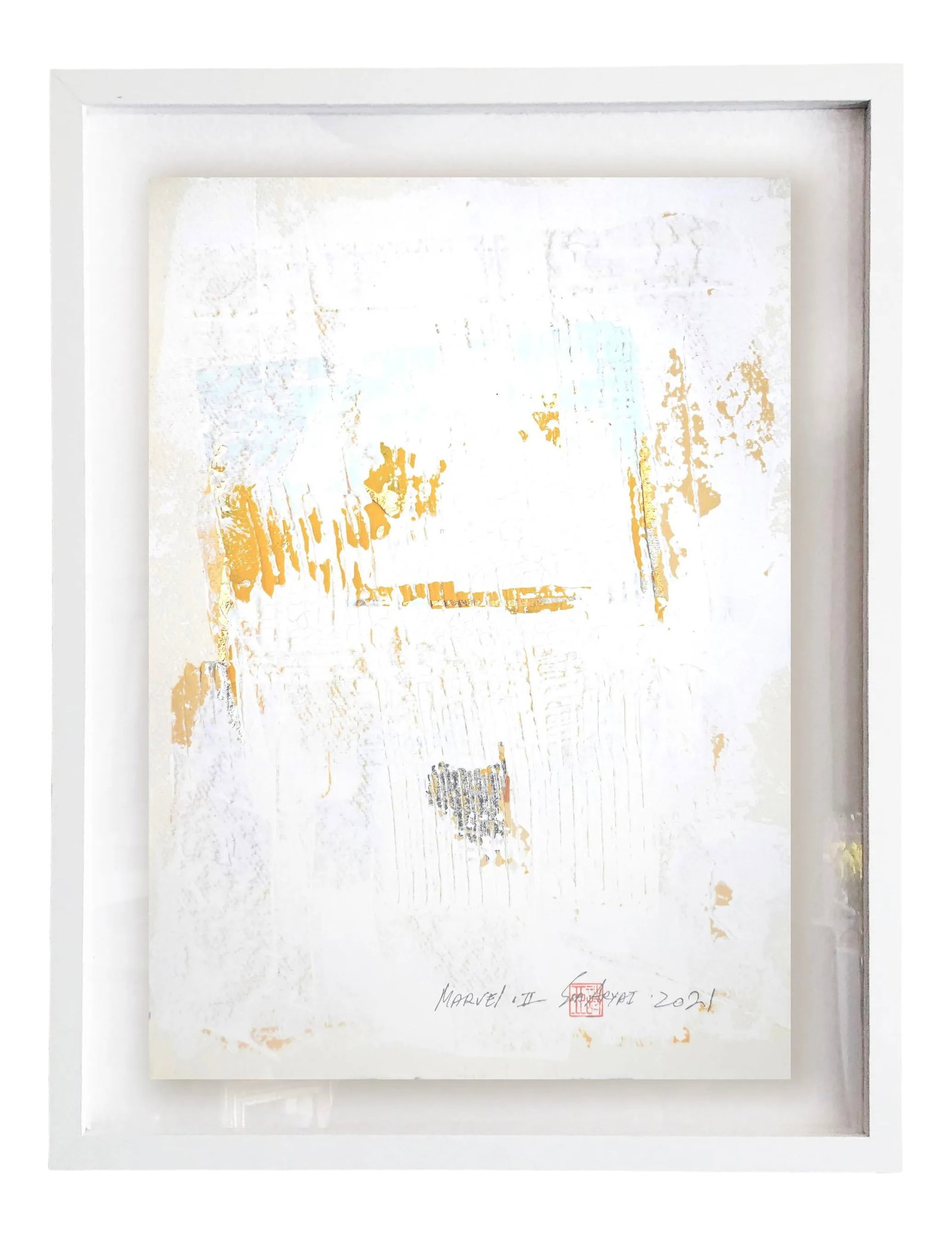 "Marvel.II" Contemporary Minimalist Abstract With Gold Leaf Painting, Framed: Gold leaf is brilliant for modern painting. Brings to life elegant details that appear as an icon. Painting is 12X16.5" acrylic with a dash of gold leaf with a twist on heavyweight handmade paper come