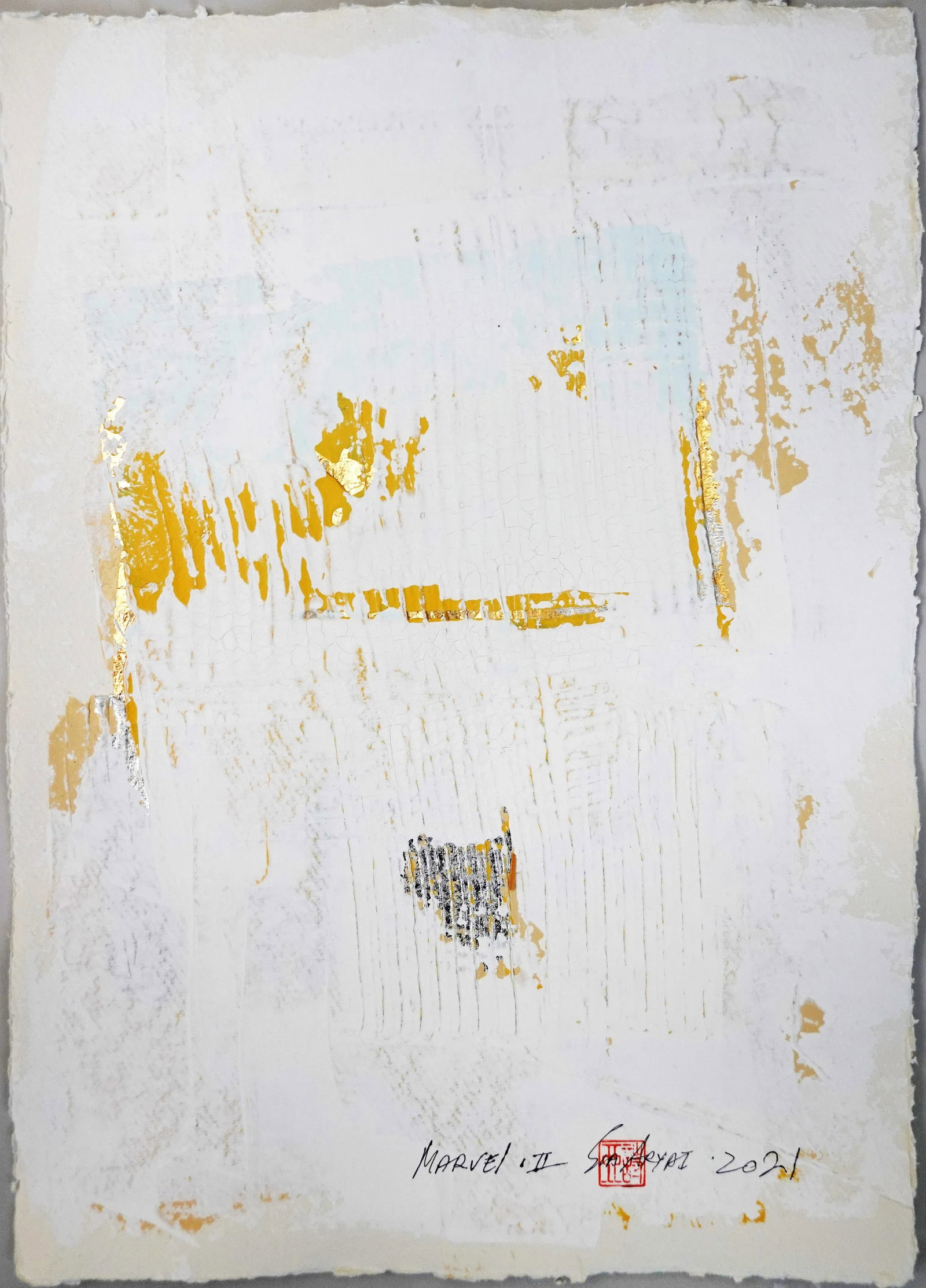 "Marvel.II" Contemporary Minimalist Abstract With Gold Leaf Painting, Framed - 2