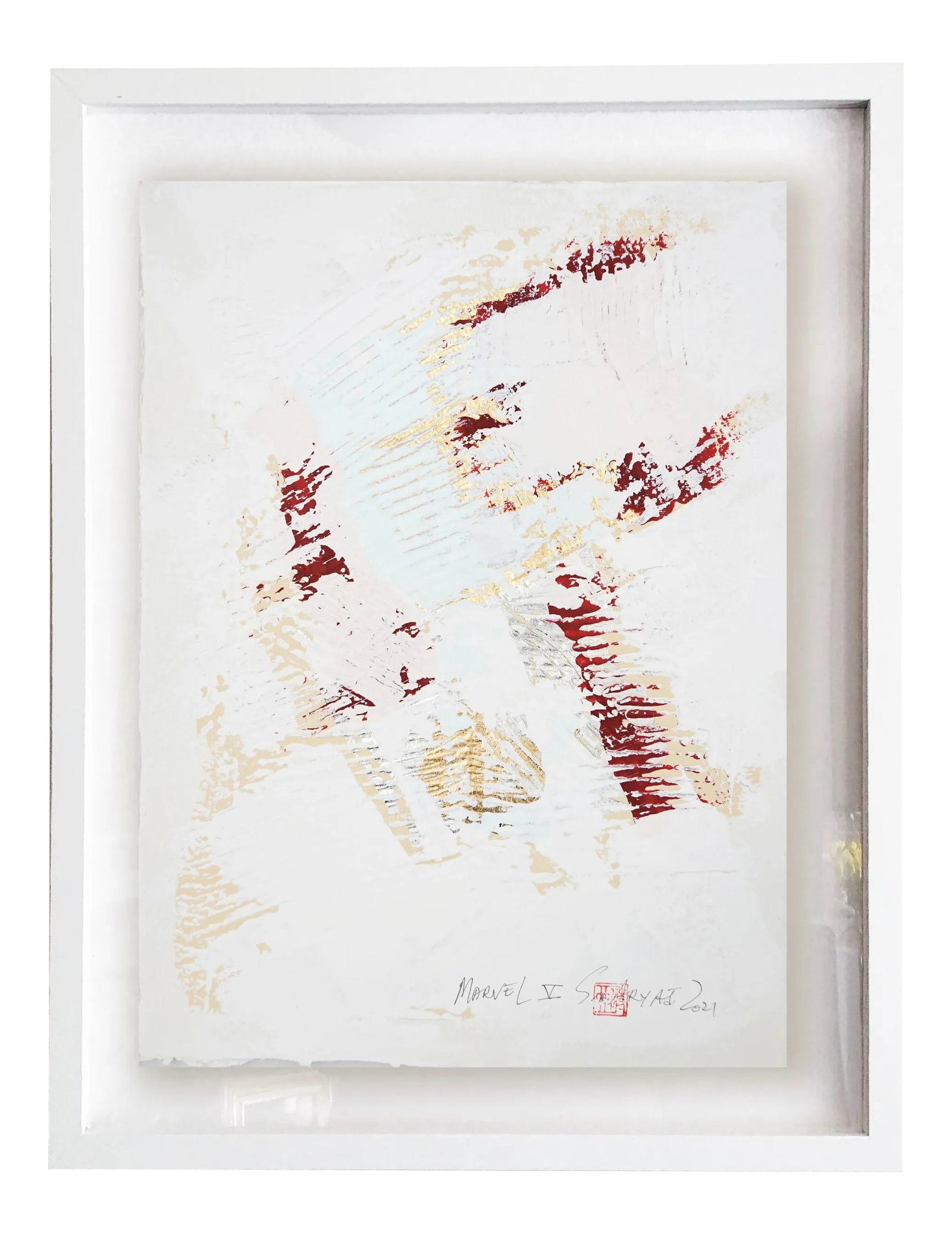 "Marvel.V" Contemporary Minimalist Abstract Gold Leaf Painting, Framed: Gold leaf is brilliant for modern painting. Brings to life elegant details that appear as an icon. Painting is 12X16.5" acrylic with a dash of gold leaf with a twist on heavyweight handmade paper come