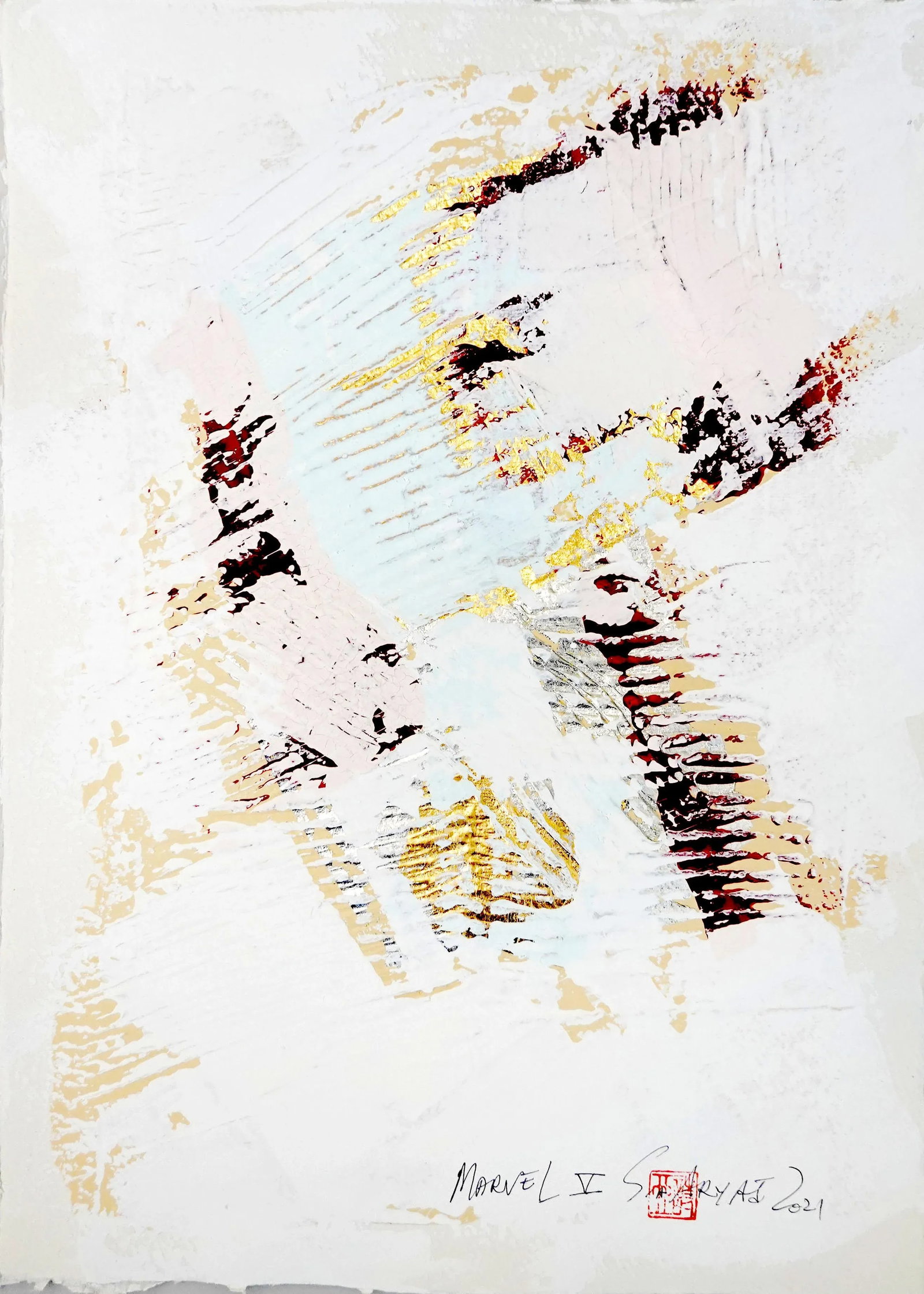 "Marvel.V" Contemporary Minimalist Abstract Gold Leaf Painting, Framed - 2