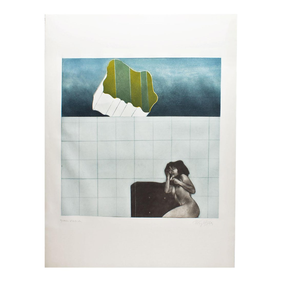 Artist's Proof Mezzotint and Color Etching by Wolfgang Gafgen: A mezzotint and color etching print by German artist Wolfgang Gafgen (1936-2024). This piece features a nude female figure sitting in an armchair with her head in her hands against a grid background