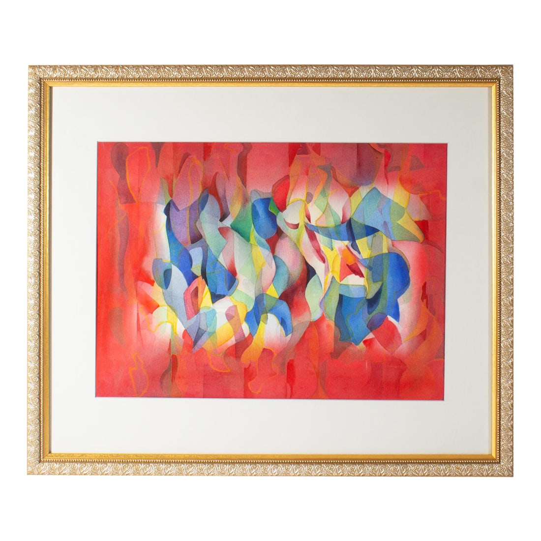 Abstract Watercolor Painting by George Coggeshall: A watercolor painting by the American artist George Coggeshall (191401994). This abstract work features a red background punctuated with a row of figure-like shapes in blue, purple, yellow, and green.