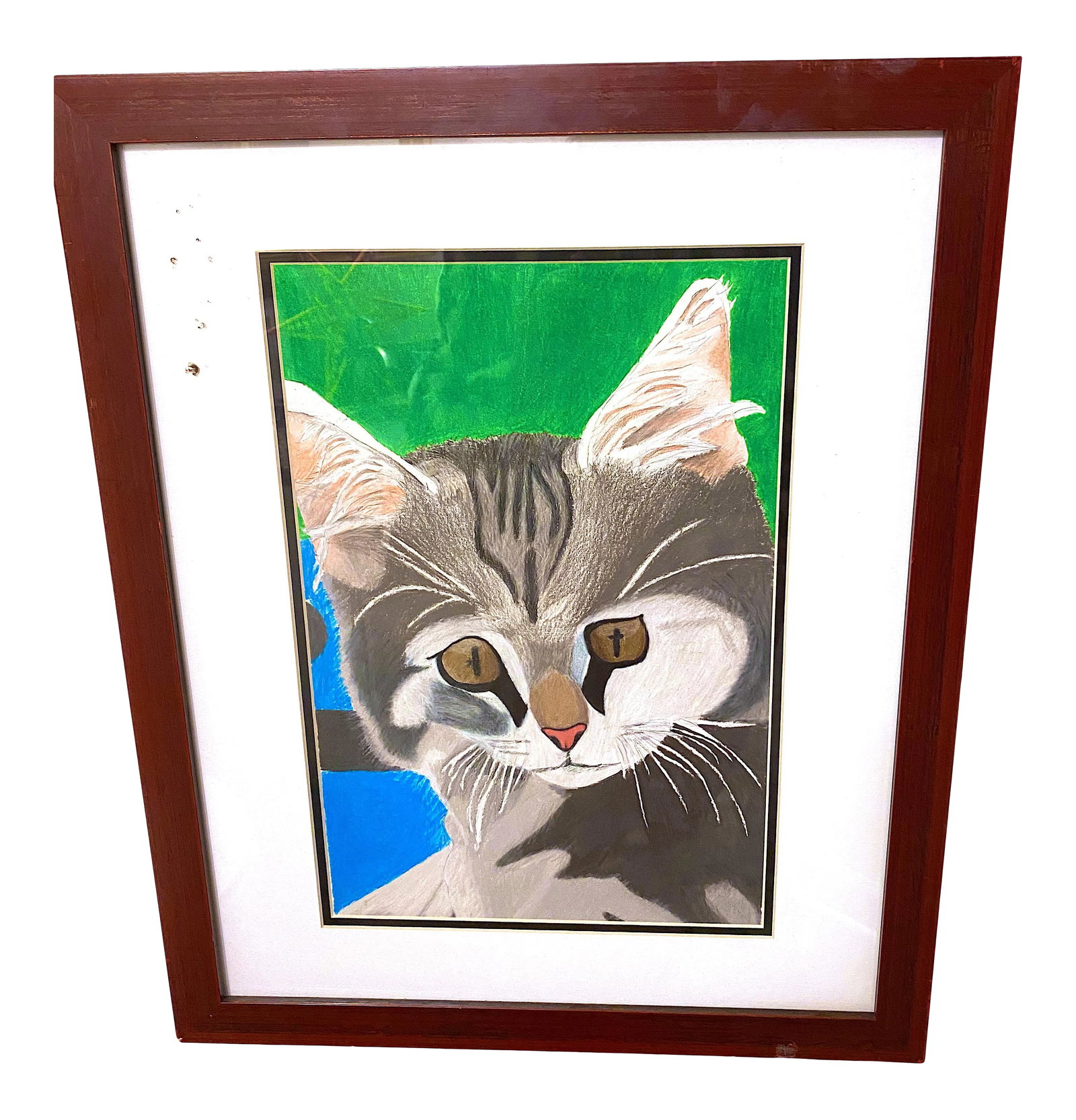 Vintage Cat Portrait Professionally Framed: I love the green and blue background that make this gray and black kitten pop. This has been professionally framed by one of Charleston's oldest leading framing store Welcome to Solid Gold Velvet