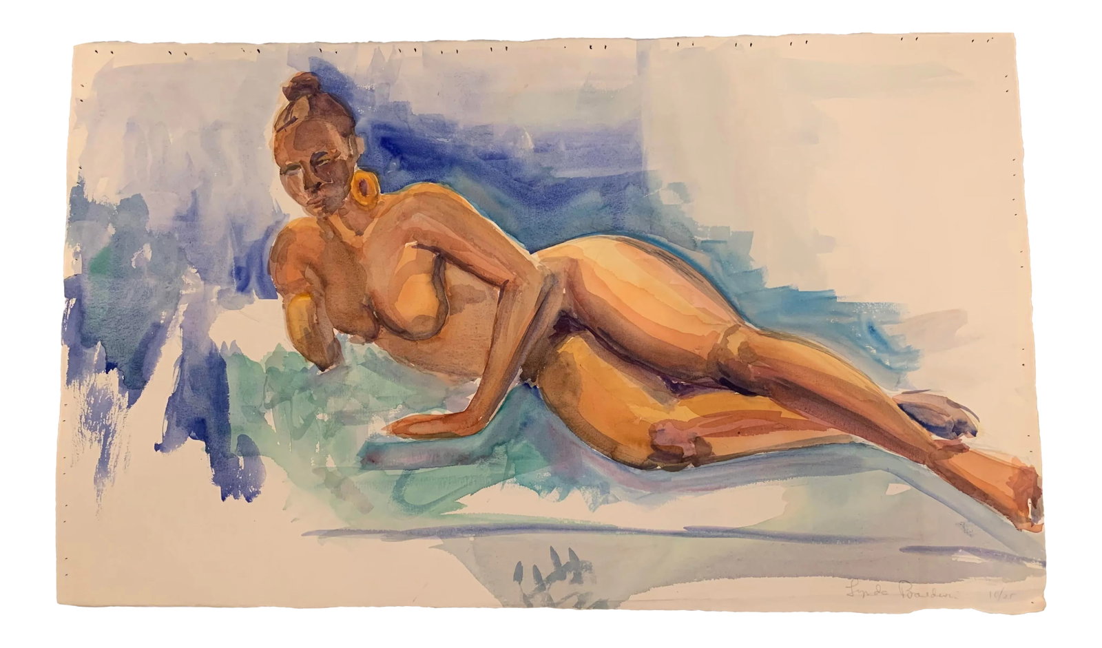 1990s Figurative Nude Watercolor Painting on Paper Signed Lynda Baldwin 10/25: This is an an Original Nude Portrait painting of a woman. Signed Lynda Baldwin, 10/25. This is believed to have been done in the early 90s or late 80s. It is a large piece. It comes unframed. Will be 