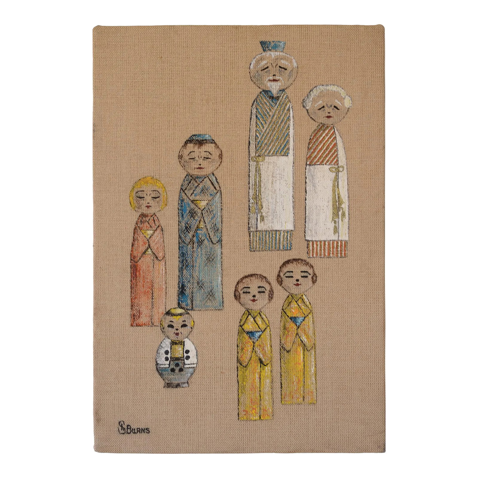 VIntage Signed Japanese Kokeshi Doll Generational Family Painting: Charming signed vintage painting depicting a Japanese family of four generations on a burlap canvas. The figures are illustrated in a stylized kokeshi doll form. Signed "S Burns" on the bottom left