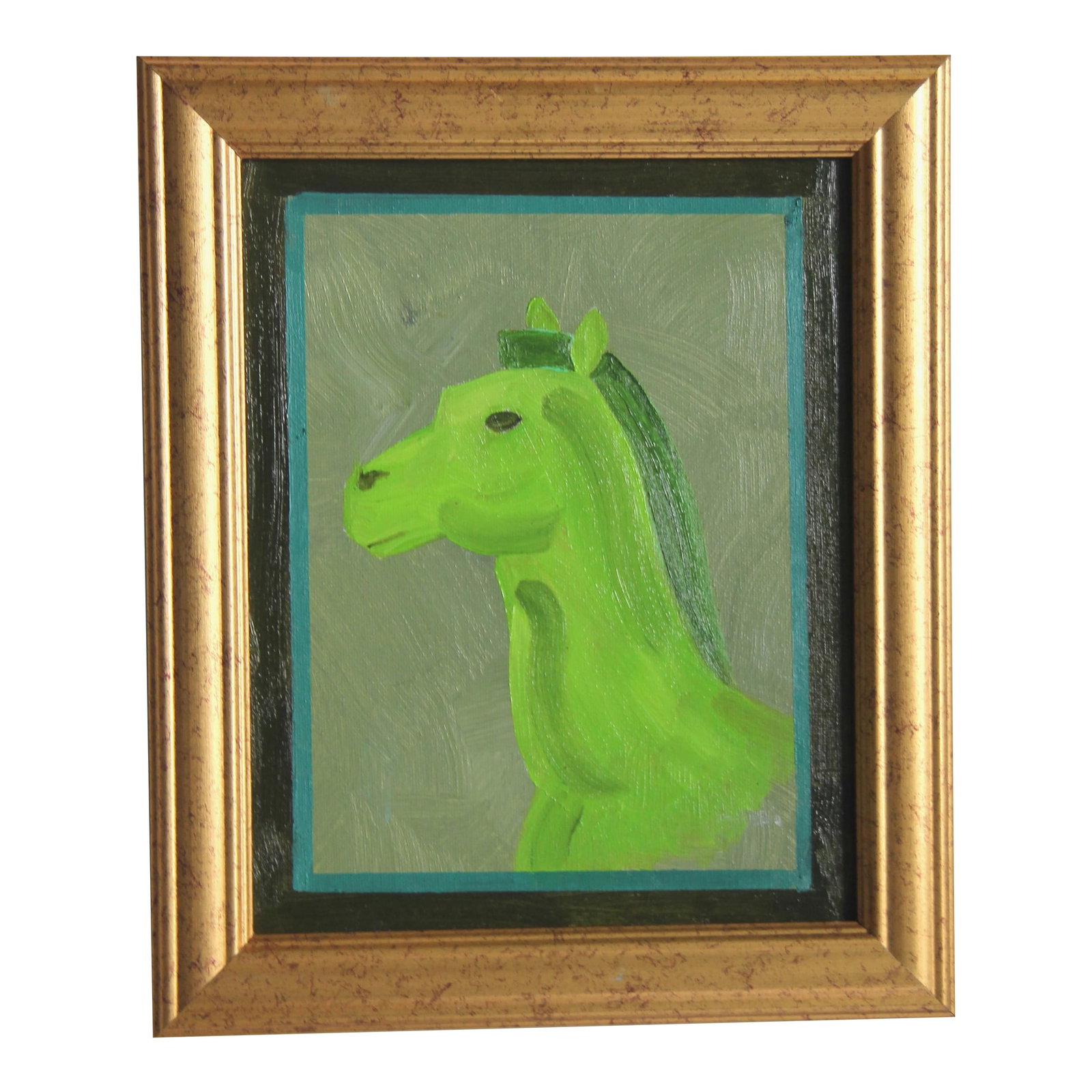 Horse Head Portrait Minimalism Art Deco Contemporary Green With Border Original Oil Painting Cleo Pl (1 of 7)