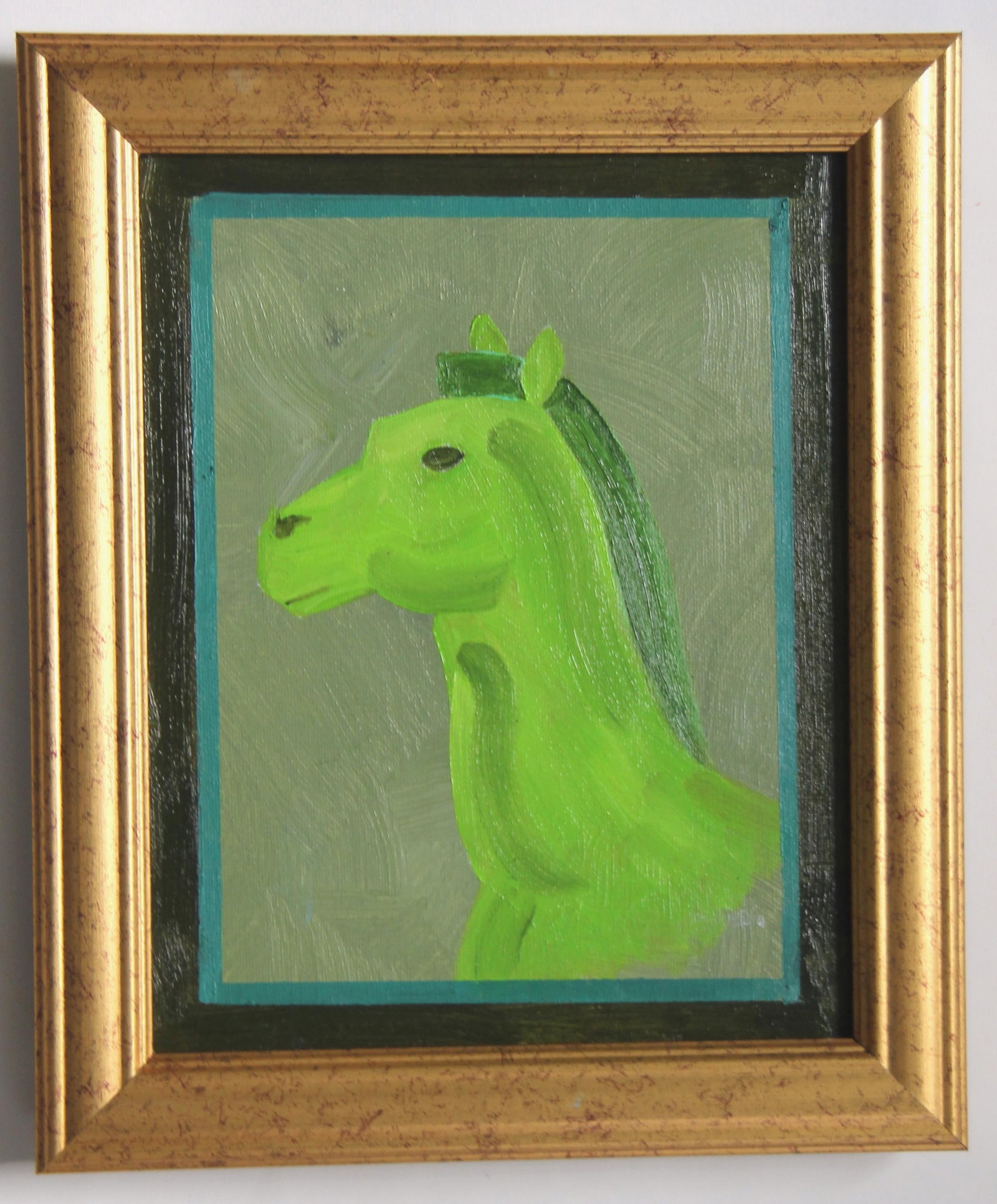 Horse Head Portrait Minimalism Art Deco Contemporary Green With Border Original Oil Painting Cleo Pl - 2