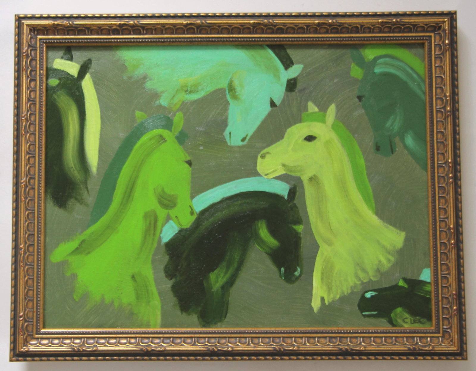 Horse Head Portrait Minimalism Art Deco Contemporary Green With Border Original Oil Painting Cleo Pl - 6