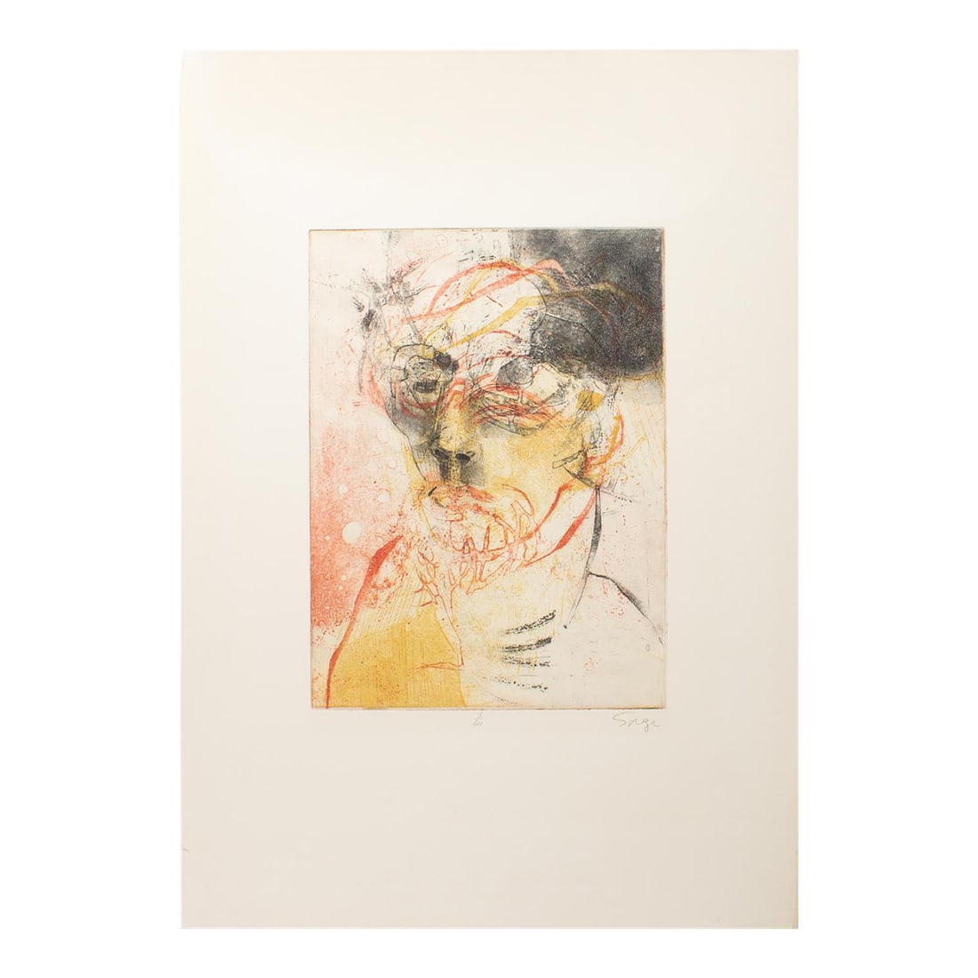 Signed Limited Edition Abstract Portrait Color Etching by Walter Sorge: A color etching of an untitled portrait by Canadian artist Walter Sorge (1931-2021). The illustration is richly textured and uses different mark making techniques to immerse the figure in an abstract