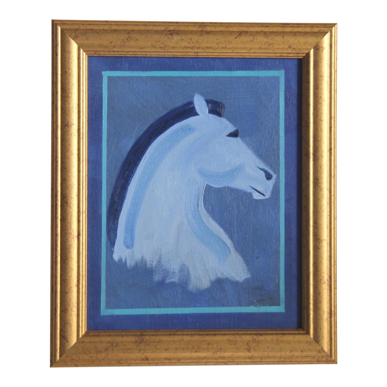Horse Portrait Blue Minimalism Art Deco Abstract Original Oil Painting Cleo Plowden: An elegant horse portrait in shades of blue, and blue-gray with blue and muted aqua border. Minimalism, Contemporary, Folk Art, English Traditional. Framed in a quality classic profile gold wooden fra