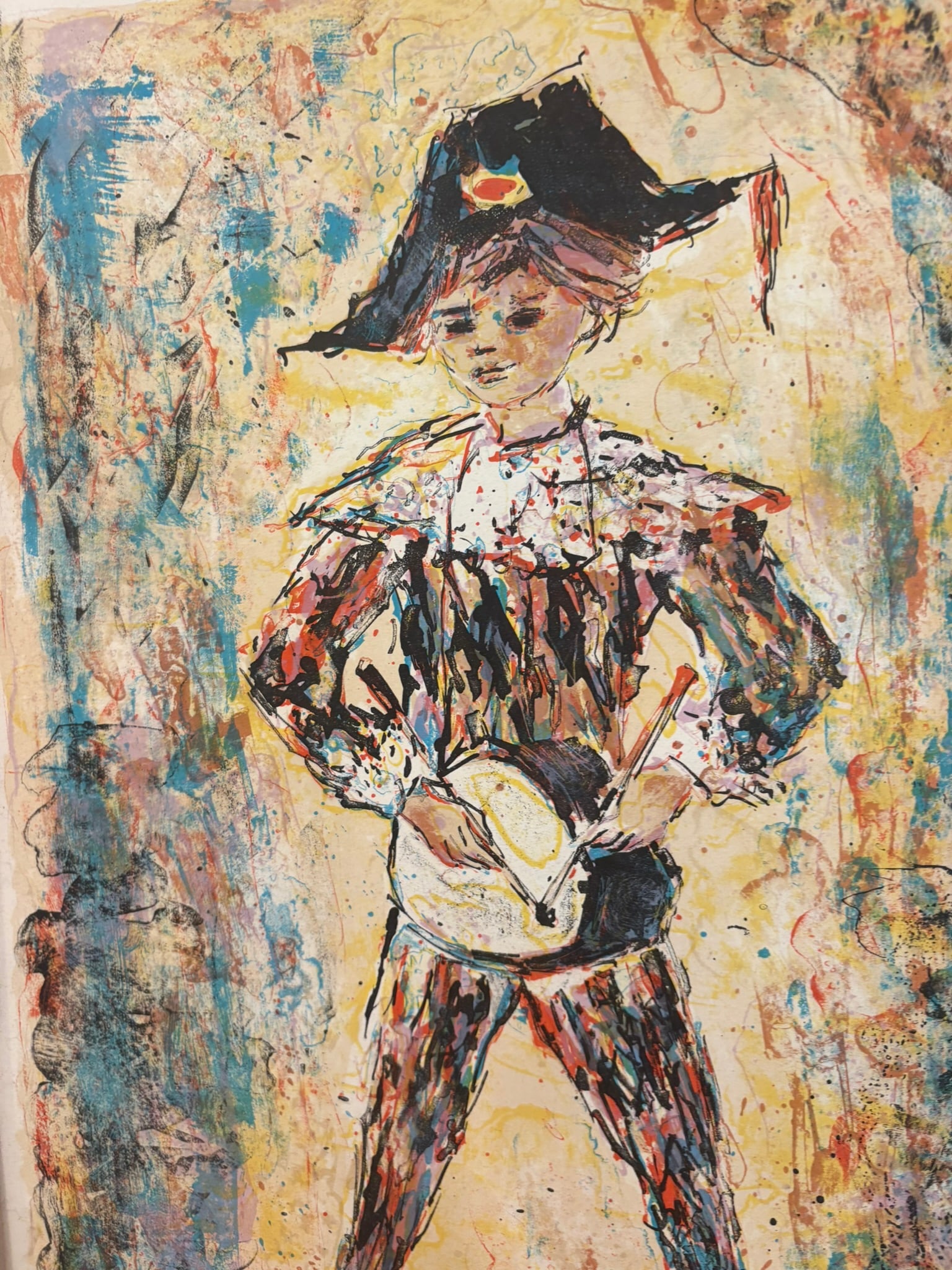 Young Harlequin Signed Artist Proof Lithograph by Berto Taubert Framed Carved Wood - 15
