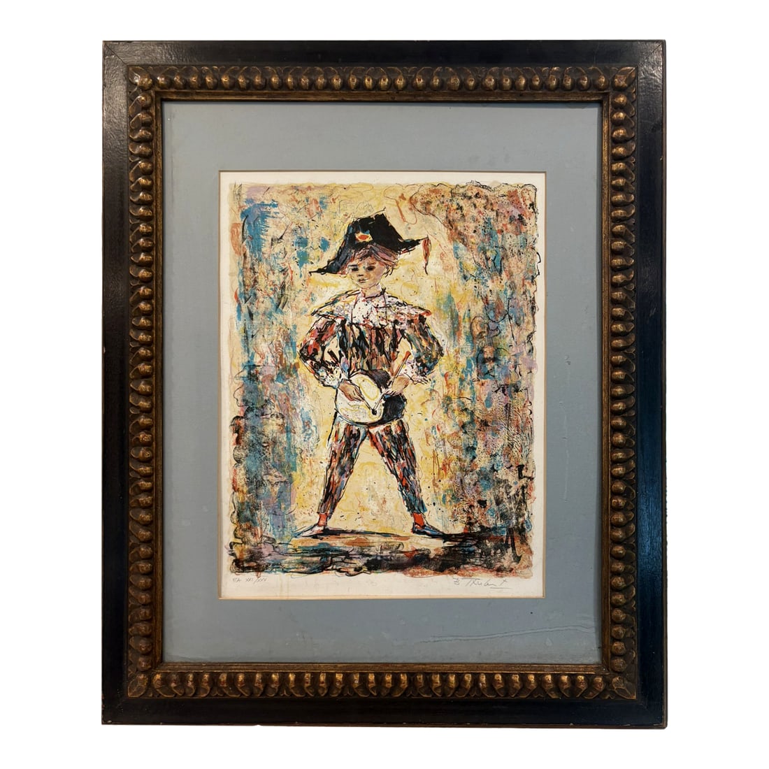 Young Harlequin Signed Artist Proof Lithograph by Berto Taubert Framed Carved Wood: Young Harlequin Signed Artist Proof Lithograph By Berto Taubert Framed Carved Wood Expressive vintage french lithograph titled "young harlequin," featuring a commedia dell'arte figure in a bold, paint