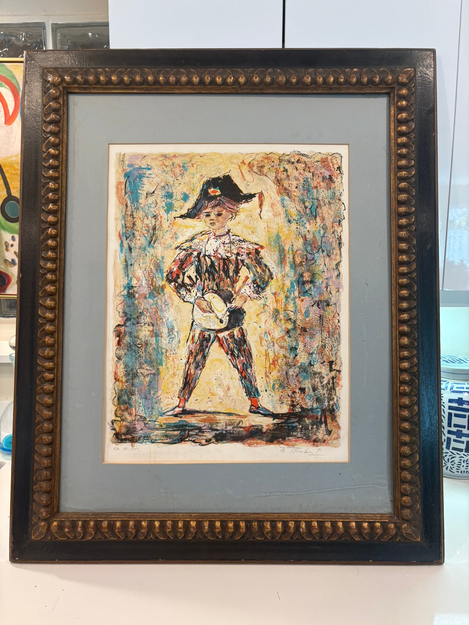 Young Harlequin Signed Artist Proof Lithograph by Berto Taubert Framed Carved Wood - 2