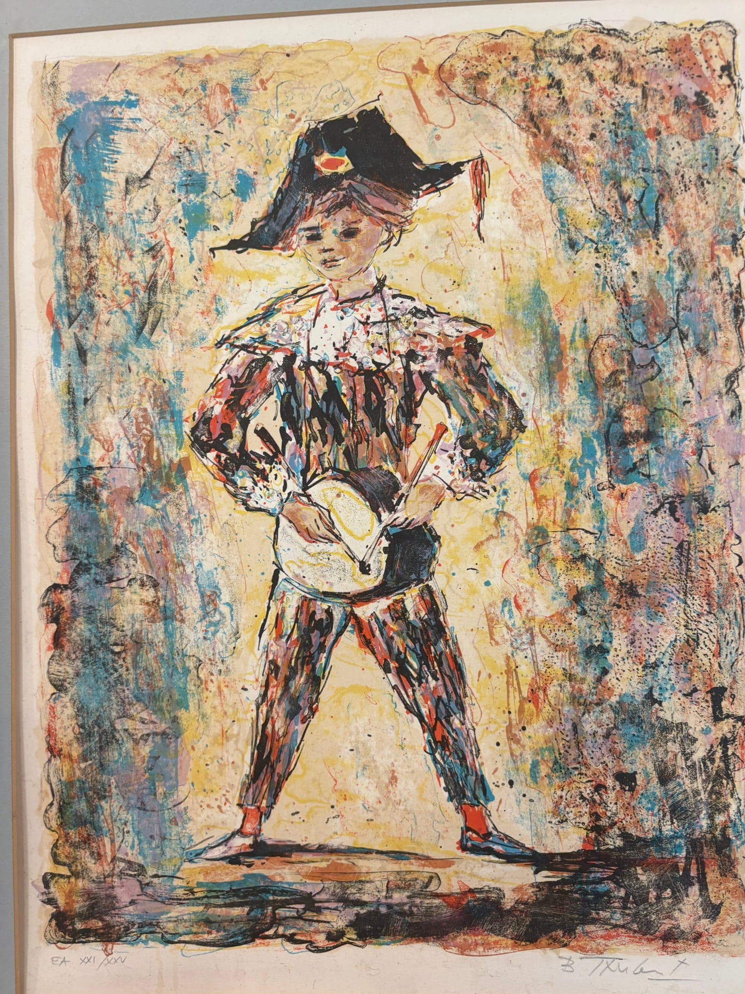 Young Harlequin Signed Artist Proof Lithograph by Berto Taubert Framed Carved Wood - 3