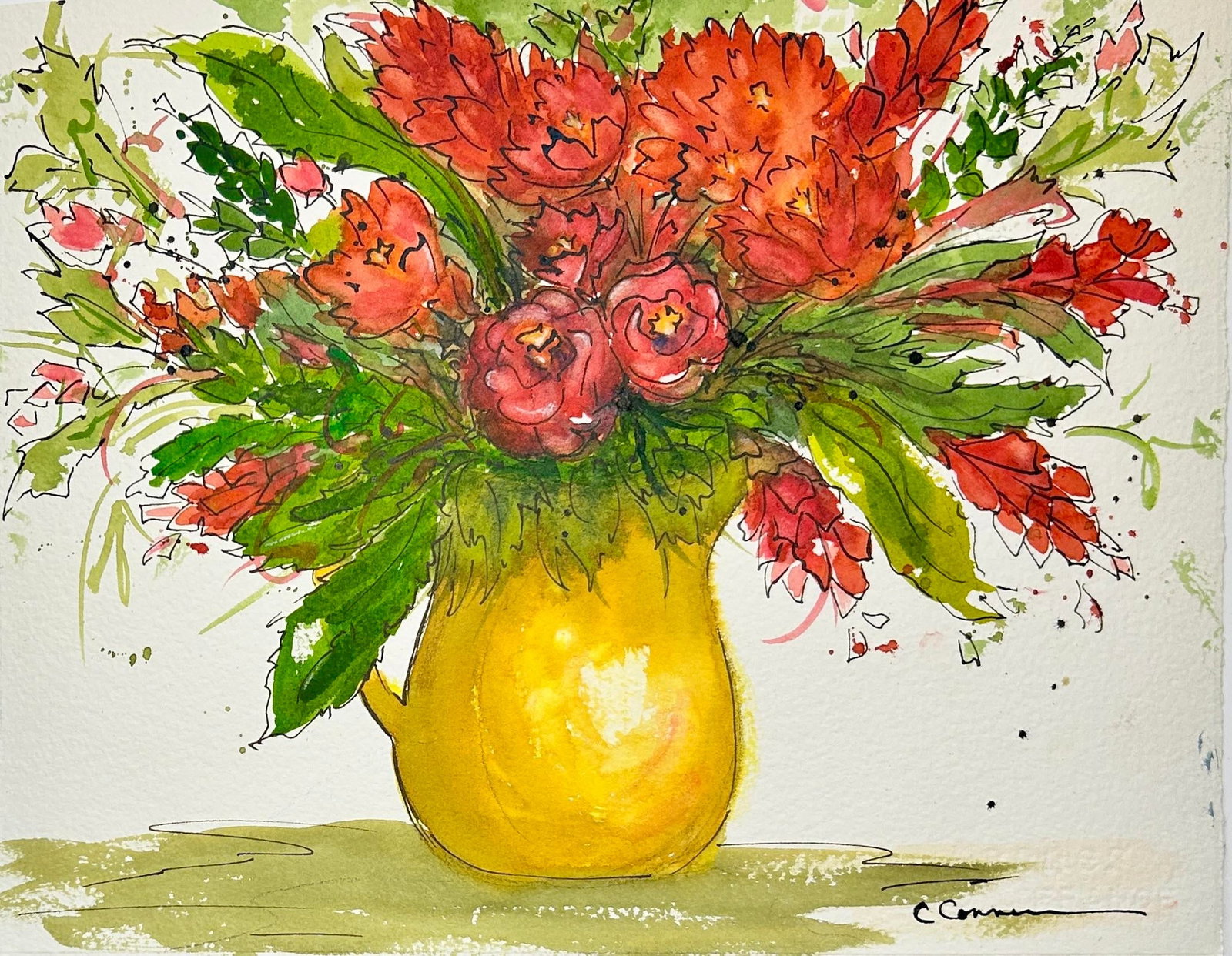 Original Watercolor Ink and Wash Painting "Yellow Vase" - 2