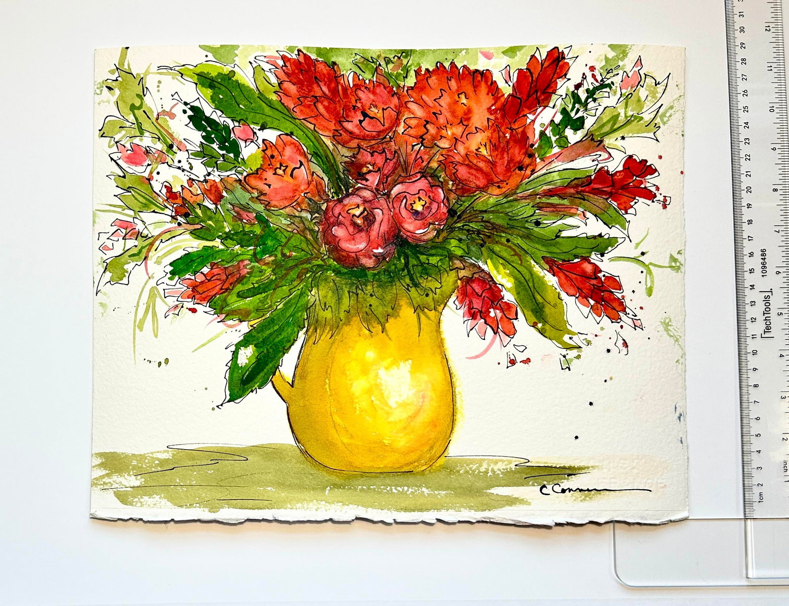 Original Watercolor Ink and Wash Painting "Yellow Vase" - 3