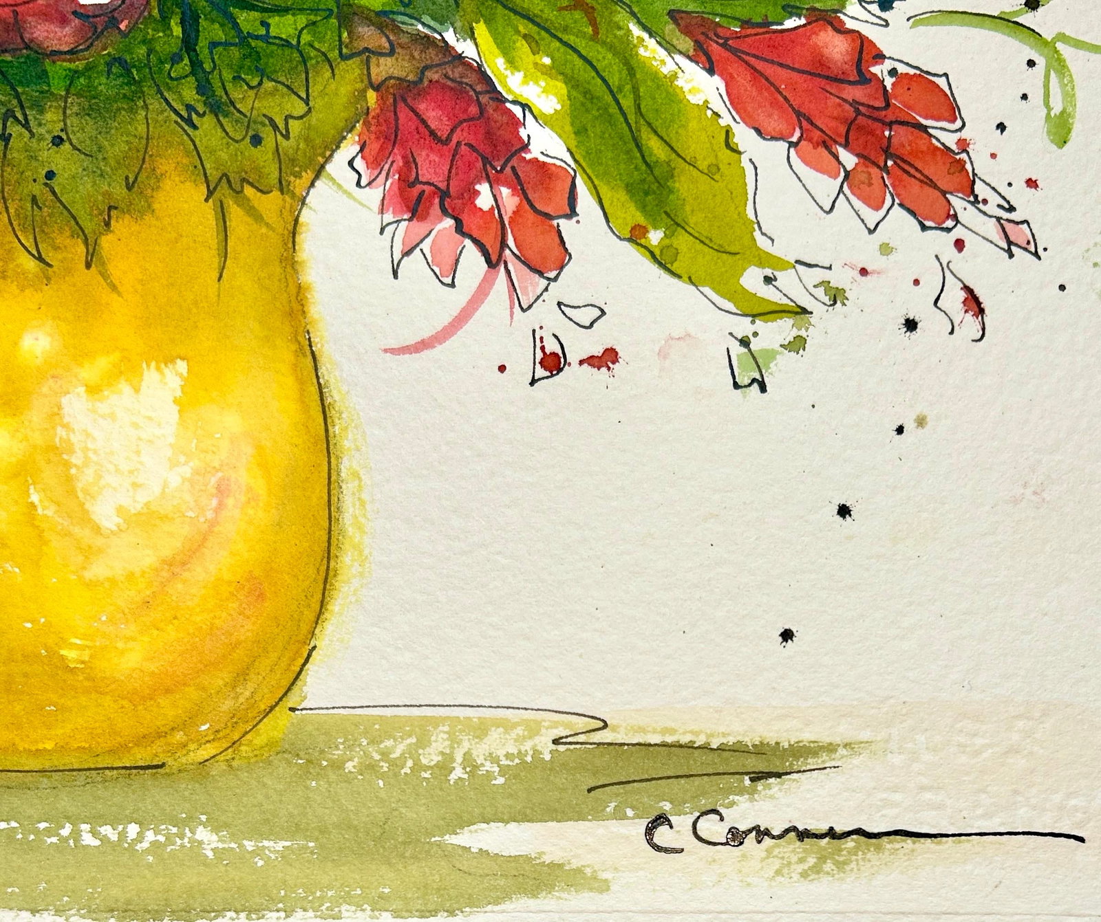 Original Watercolor Ink and Wash Painting "Yellow Vase" - 4
