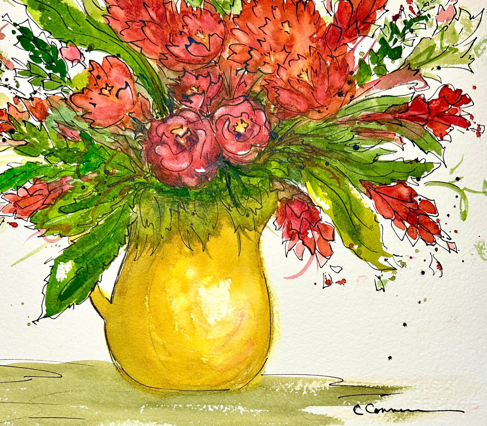 Original Watercolor Ink and Wash Painting "Yellow Vase" - 6