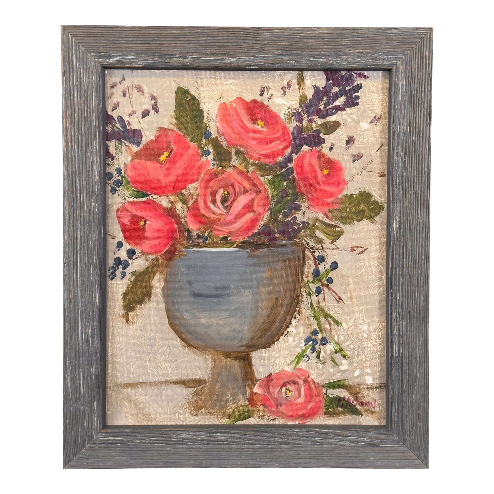 Impressionist Floral Bouquet Still Life "Vintage Garden": "Vintage Garden" A whimsical take on a classic still life with red coral roses in vintage pewter with hints of copper patina compote. The flower arrangment include blue berries and vine and plum stock