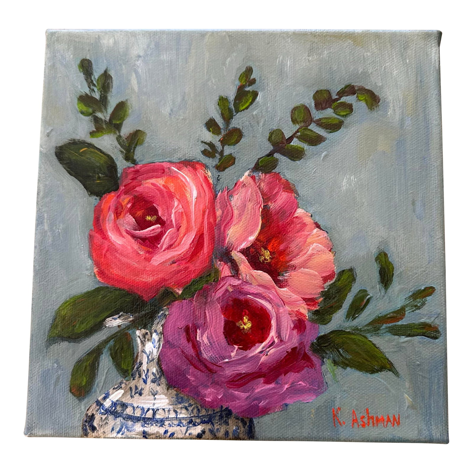 Roses Still Life Blue Willow Vase "Permission to Bloom" Original Painting by Kristin Ashman: Blue and white Blue Willow Antique China platters, plates, vases and tea cups are my favorite! To make it better, let's add vibrant pink and purple roses! This is a perfect original 8x8 (1.5 inch canv