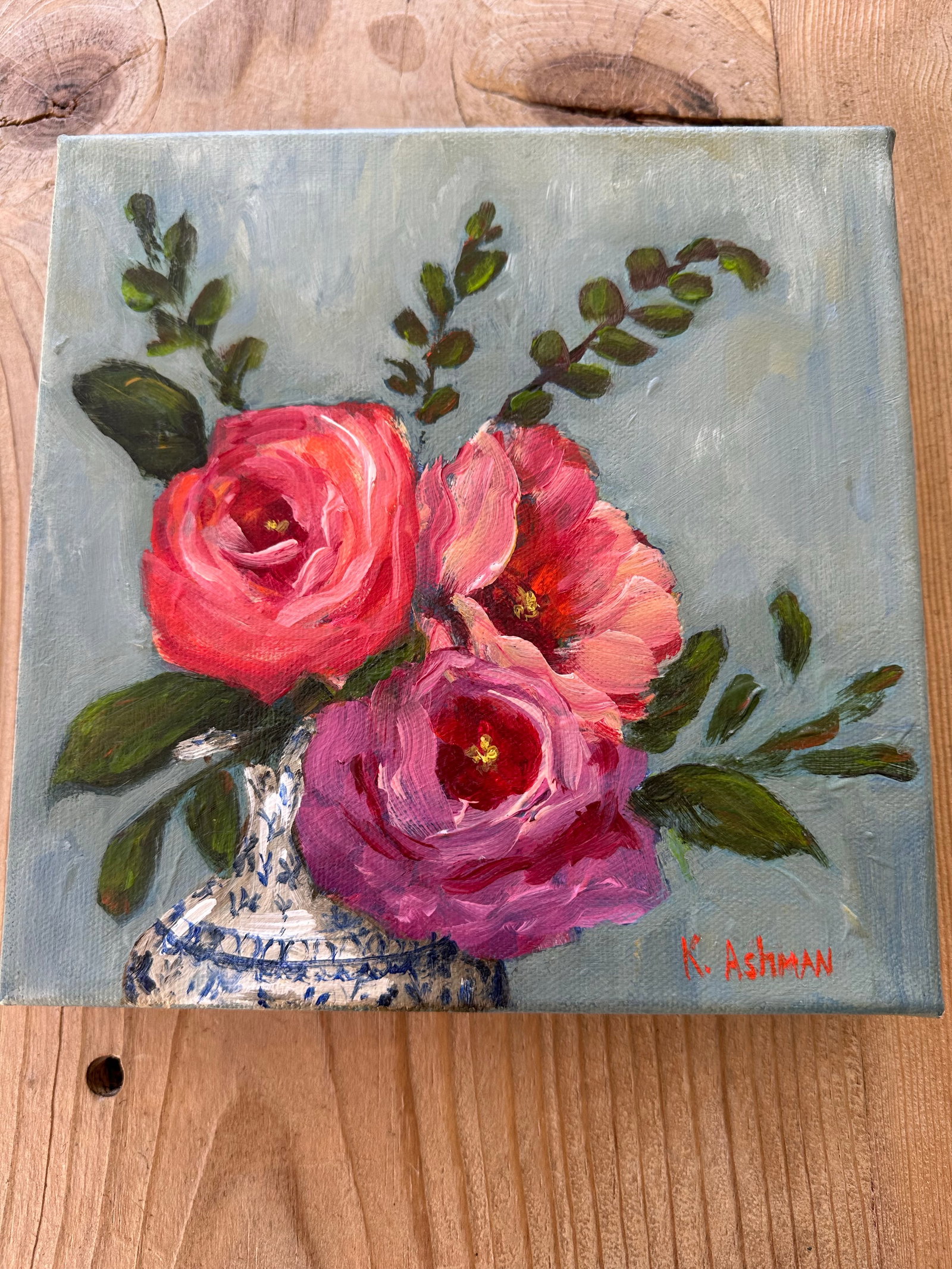 Roses Still Life Blue Willow Vase "Permission to Bloom" Original Painting by Kristin Ashman - 2