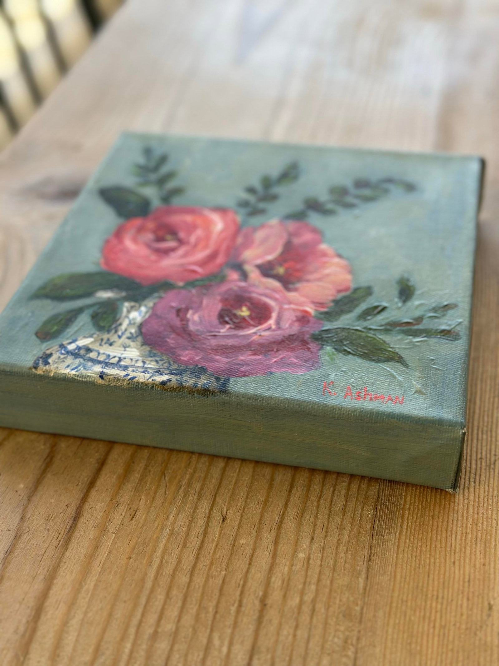 Roses Still Life Blue Willow Vase "Permission to Bloom" Original Painting by Kristin Ashman - 5